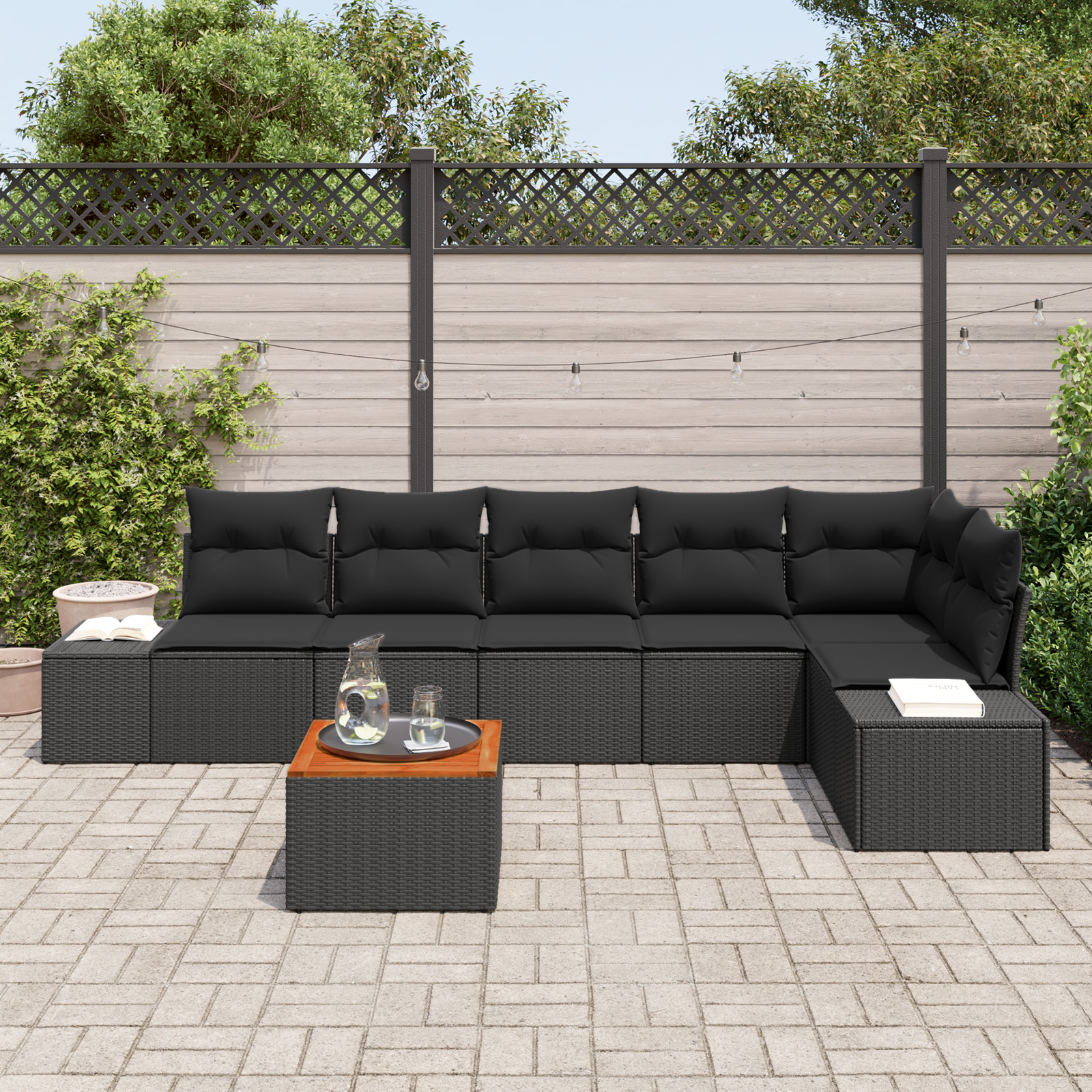 vidaXL 7-delige Tuinset met Kussens Zwart Poly Rattan en Acaciahout