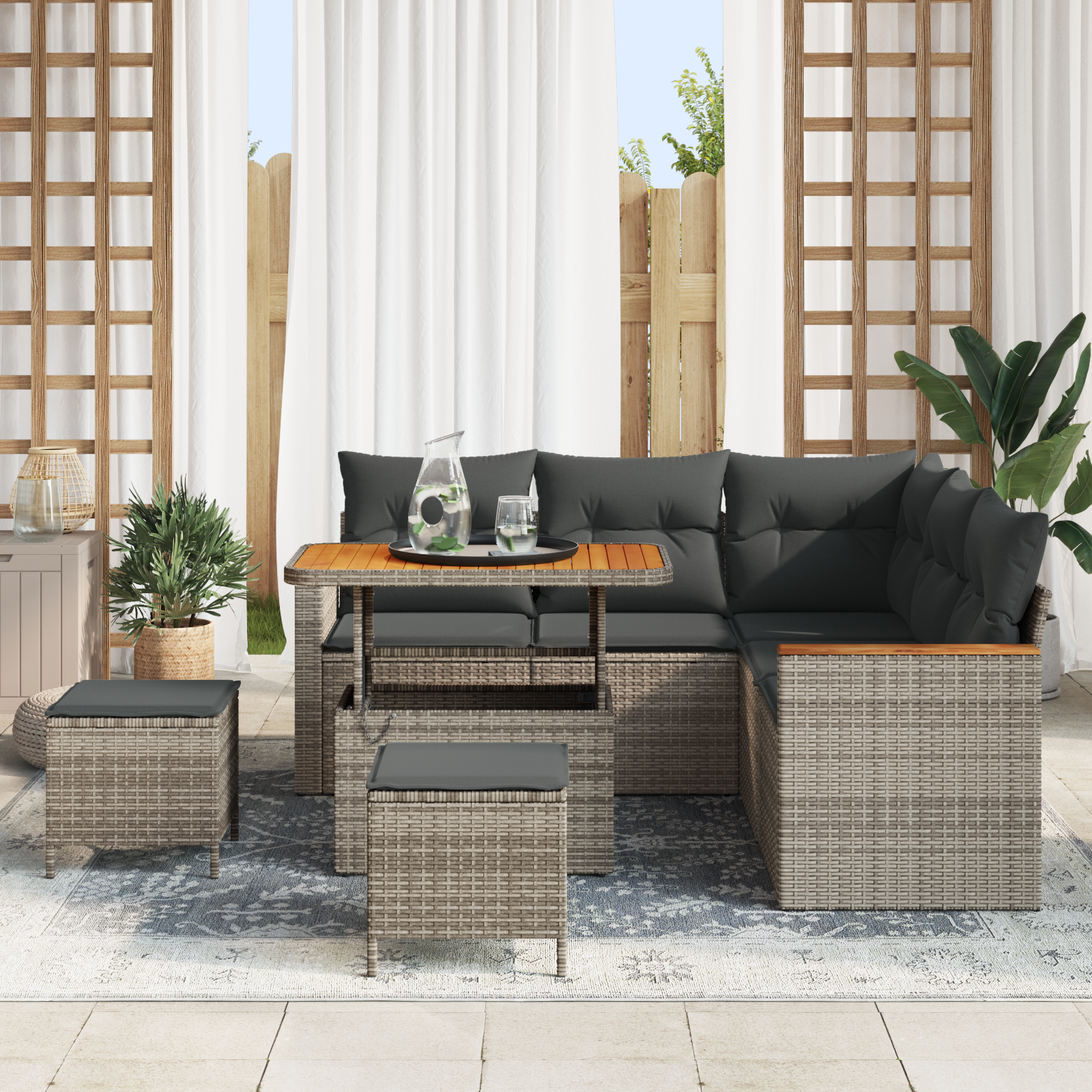 vidaXL 8-delige Tuinbankenset met kussens poly rattan acacia grijs