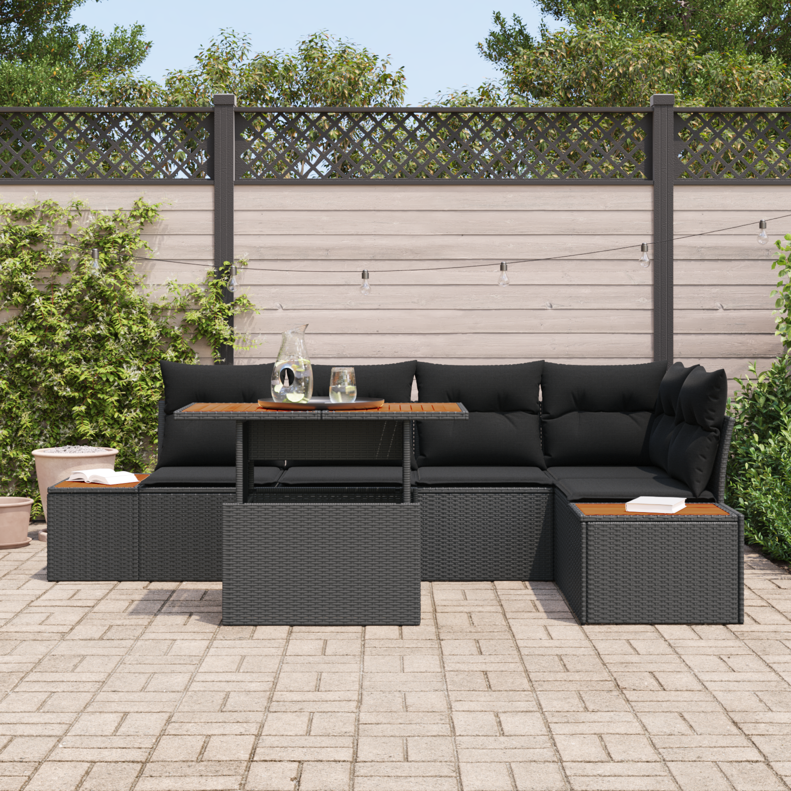 vidaXL 6-delige ligbed set met kussens zwart poly rattan