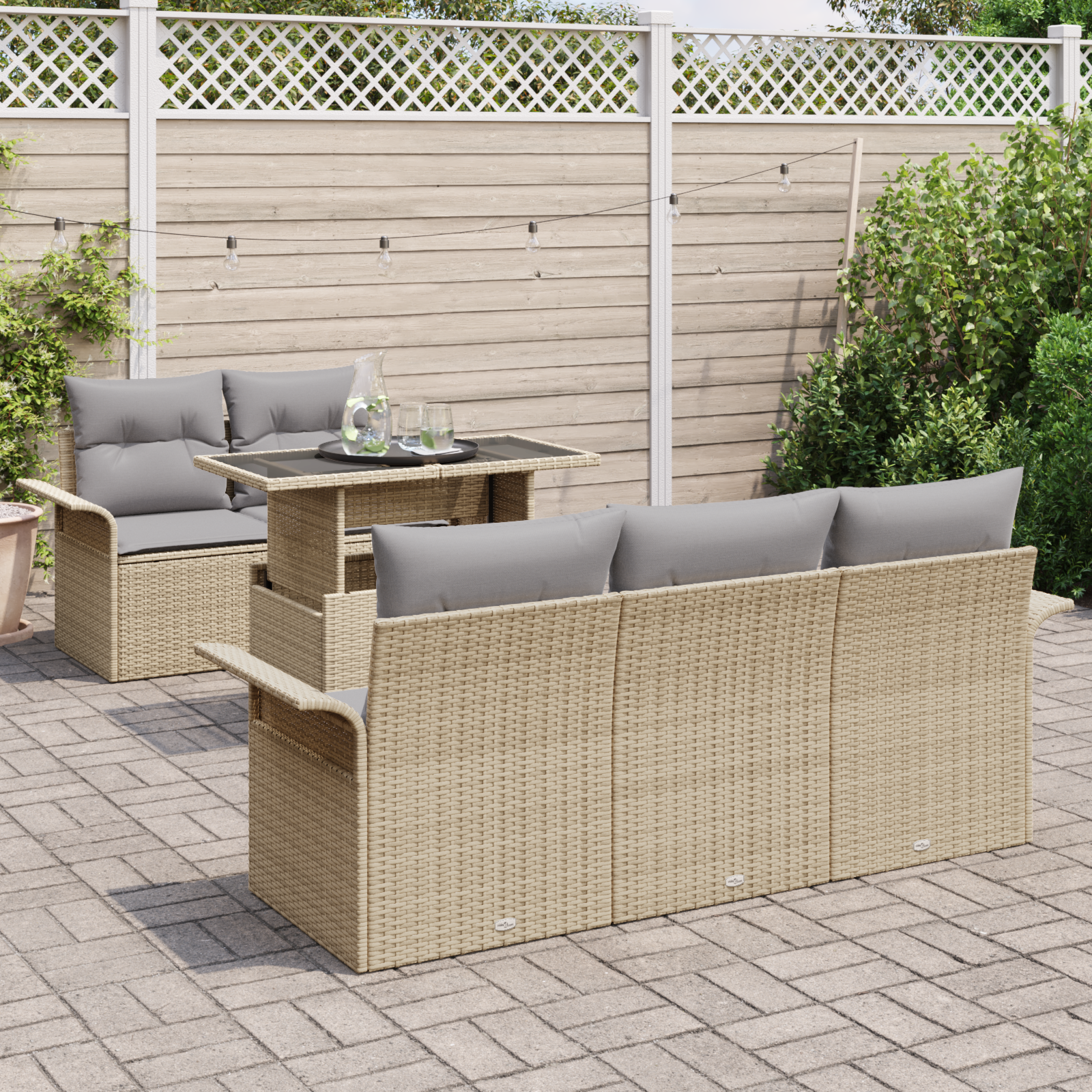 vidaXL 6-delige Tuinbankenset met kussens poly rattan beige