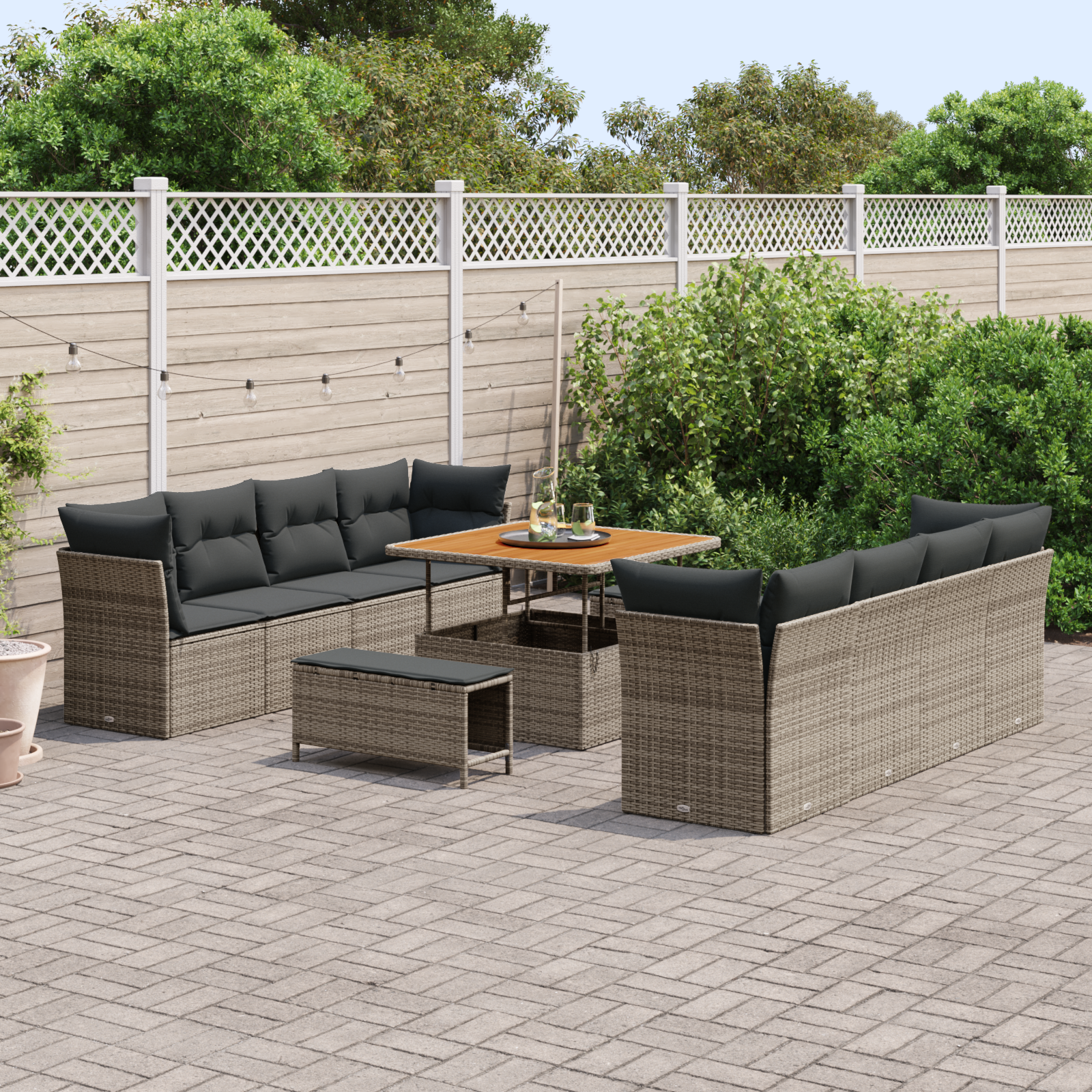 vidaXL 11-delige Tuinbankenset met kussens poly rattan acacia grijs