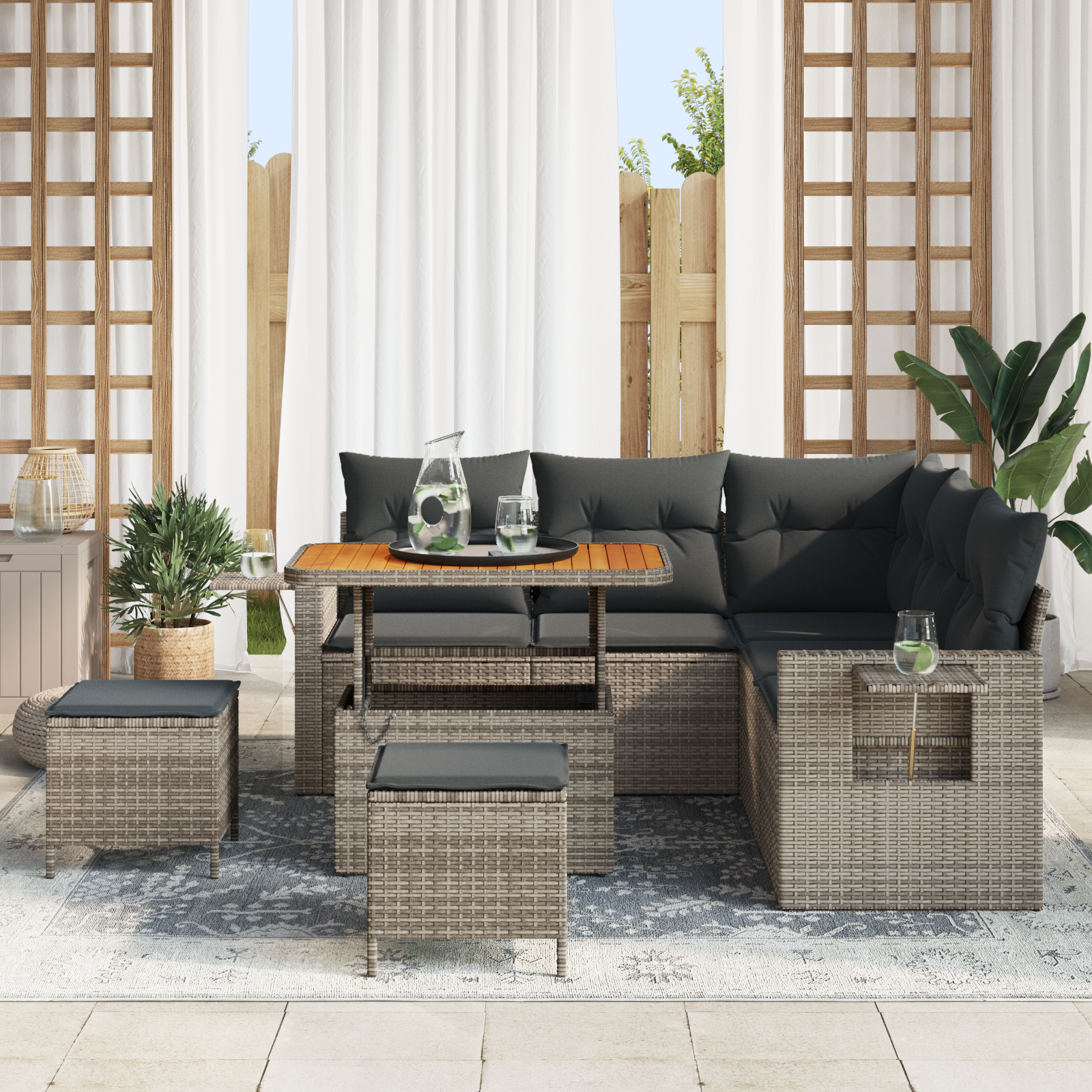 vidaXL 8-delige Tuinbankenset met kussens poly rattan acacia grijs