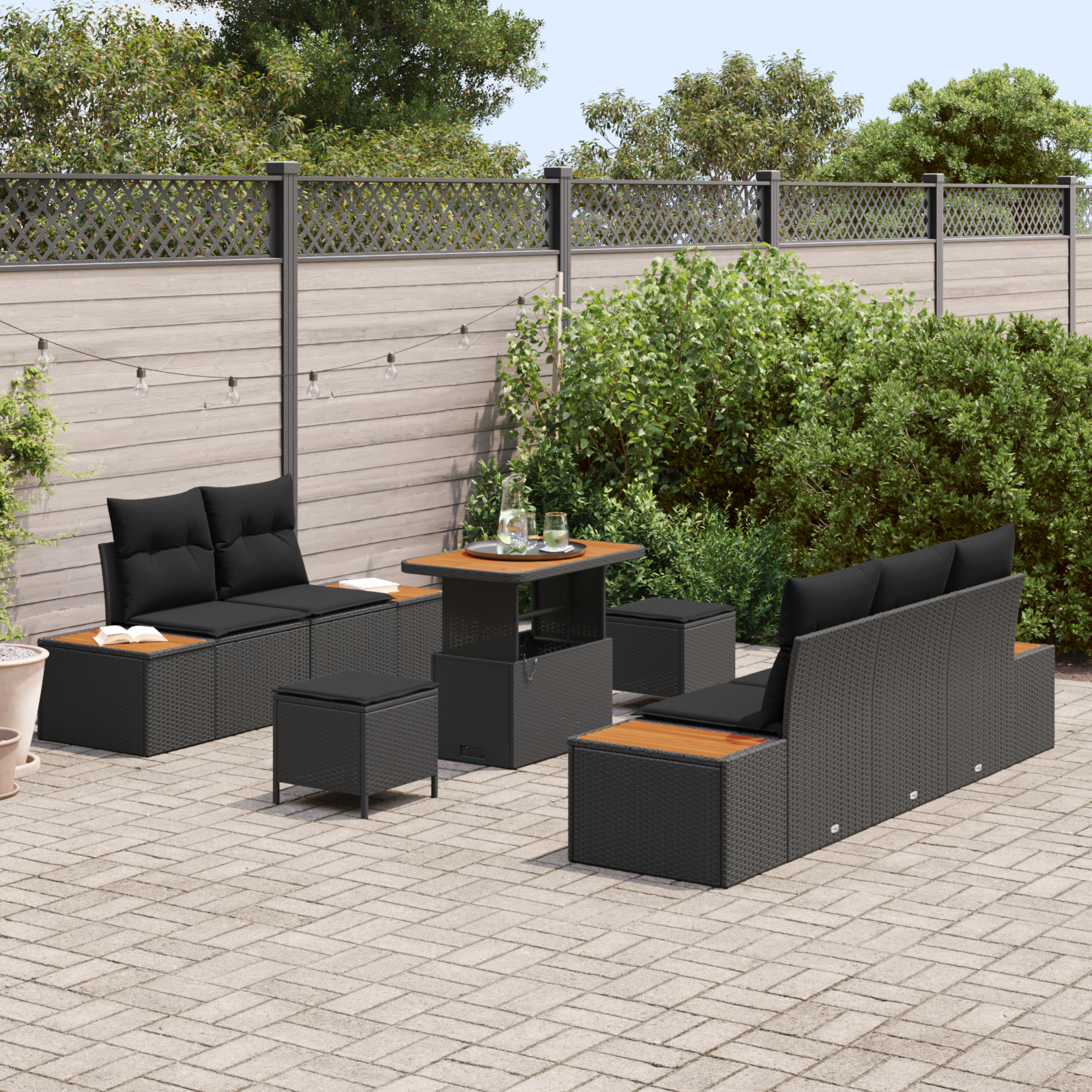 vidaXL 8-delige Tuinbankenset met kussens poly rattan acacia zwart