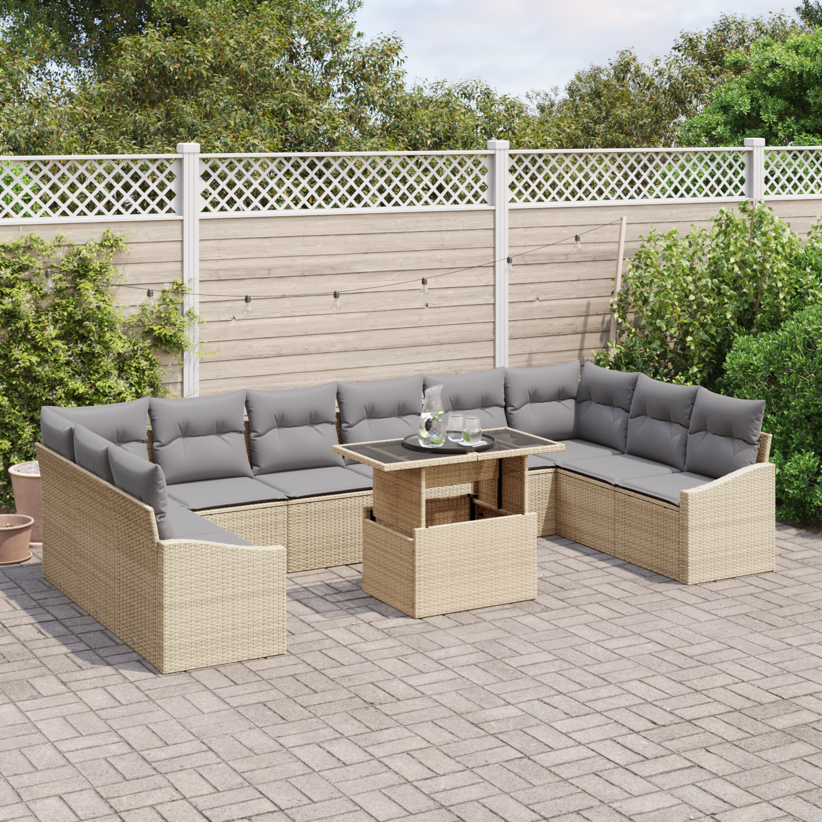 vidaXL 11-delige Tuinbankenset met kussens poly rattan beige