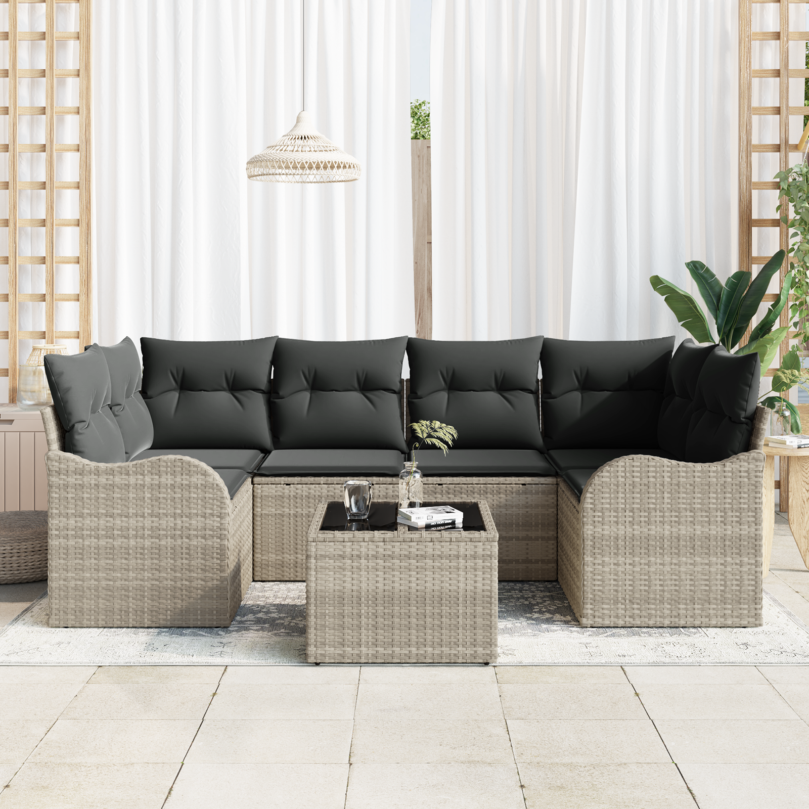 vidaXL 7-delige Tuinbankenset met kussens poly rattan lichtgrijs