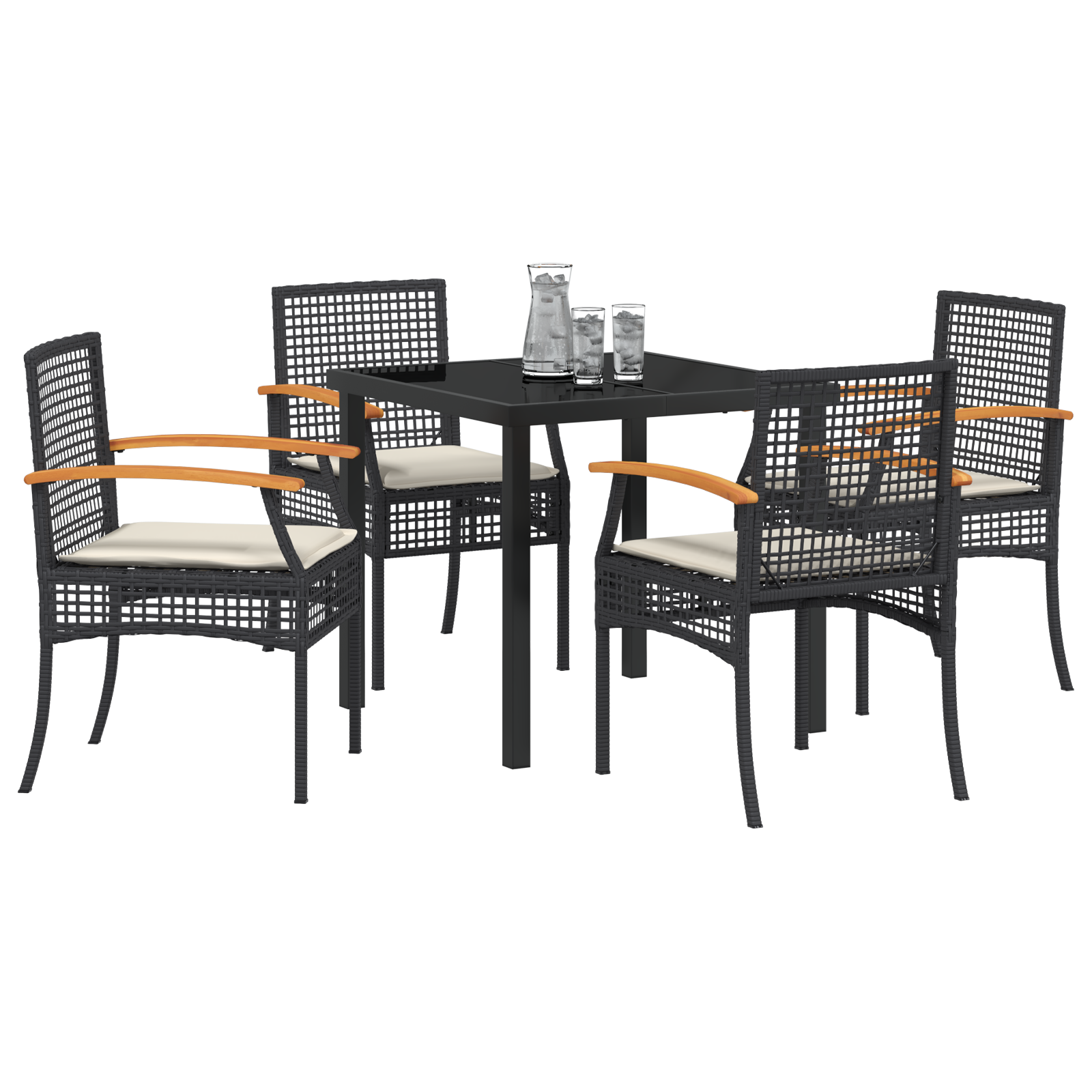 vidaXL 5-delige tuin eetset met kussens zwart poly rattan