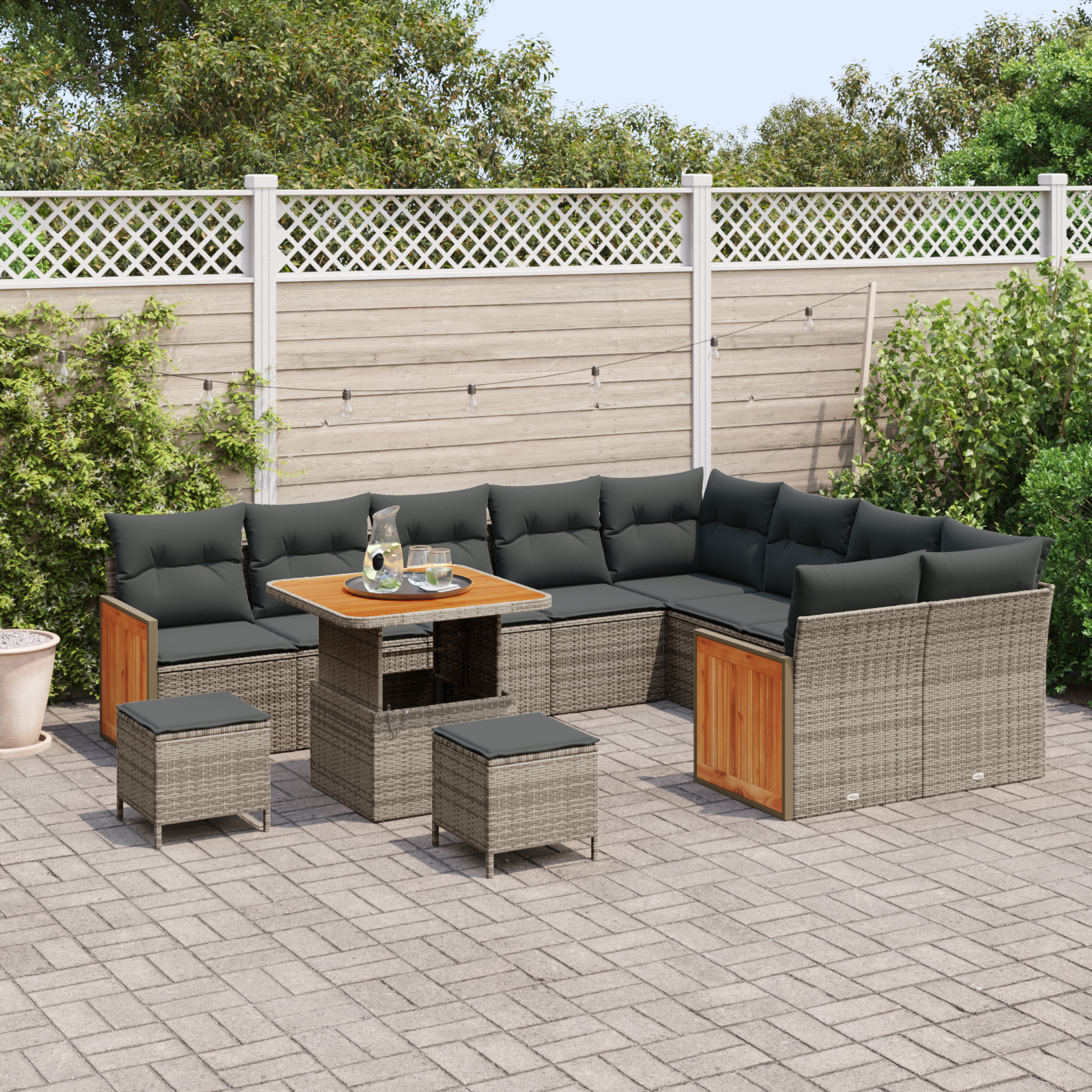 vidaXL 12-delige Tuinbankenset met kussens poly rattan acacia grijs