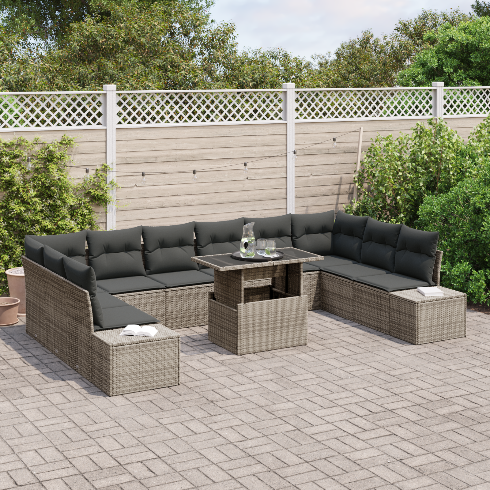 vidaXL 11-delige Tuinbankenset met kussens poly rattan grijs