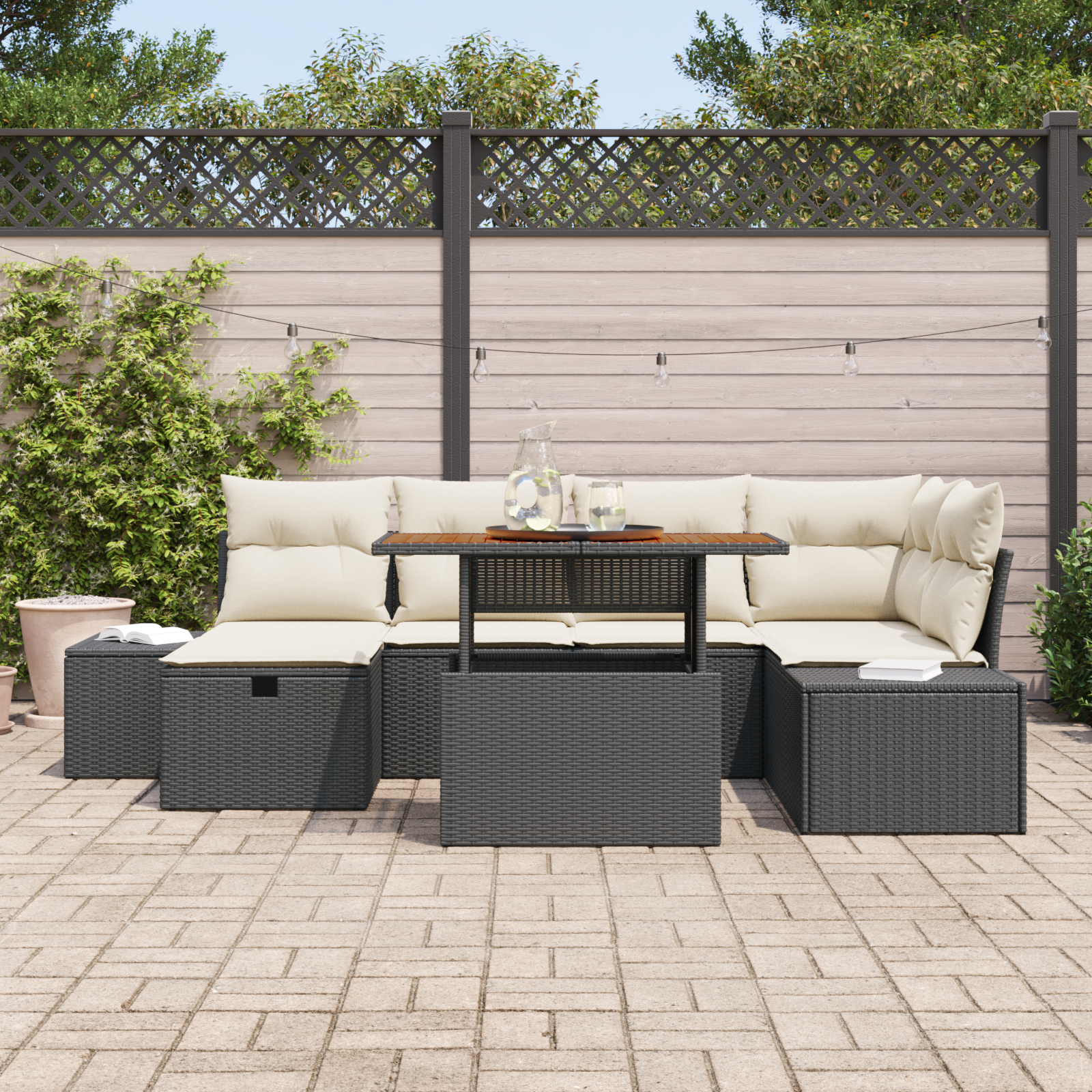 vidaXL 7-delige tuinset met kussens zwart poly rattan