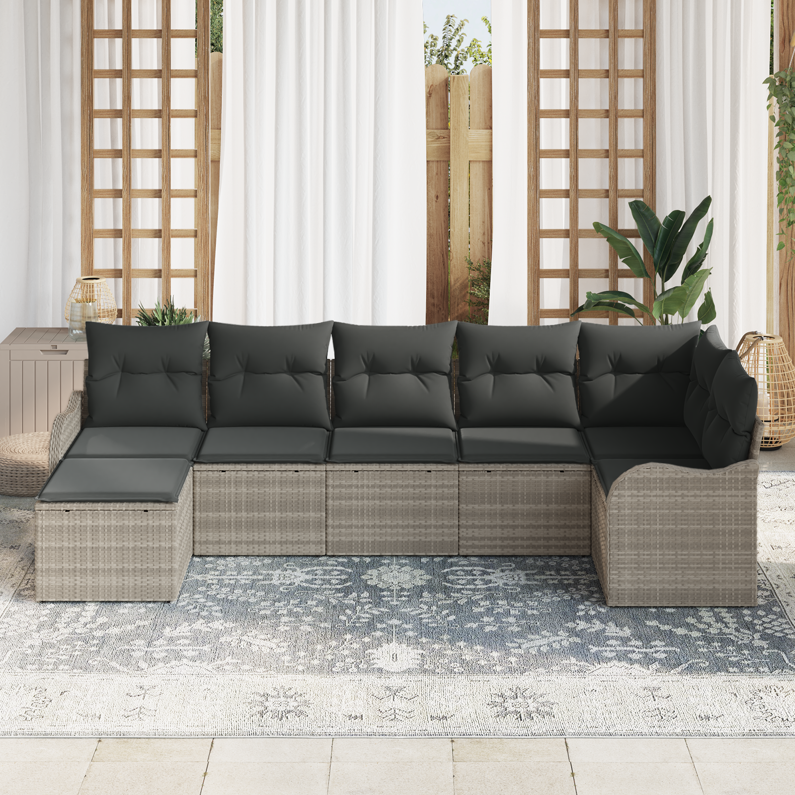 vidaXL 7-delige tuinset met kussens in lichtgrijs poly rattan