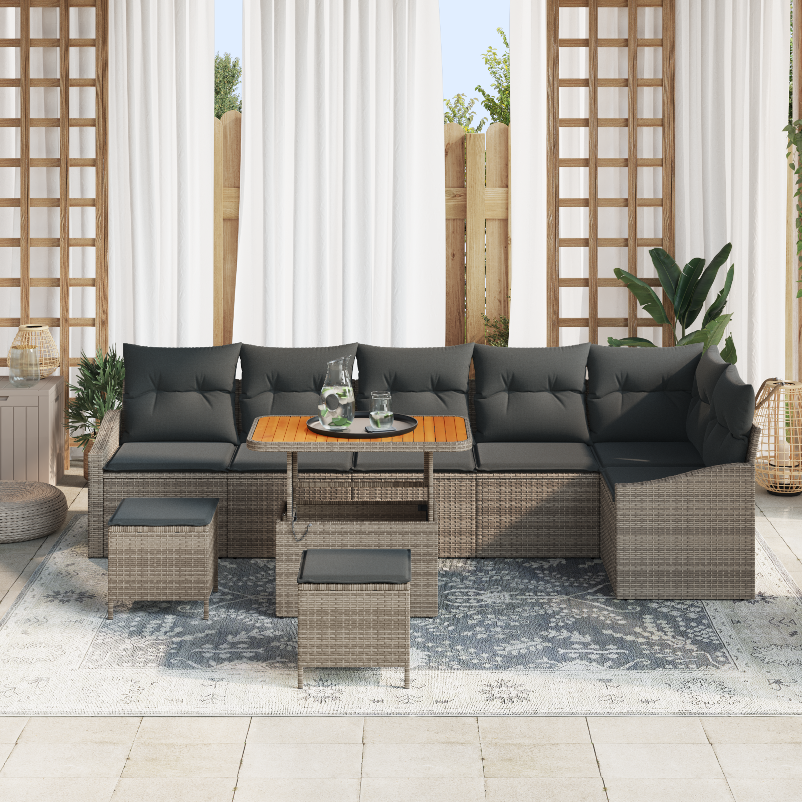 vidaXL 9-delige tuinset met kussens in grijs poly rattan en acacia