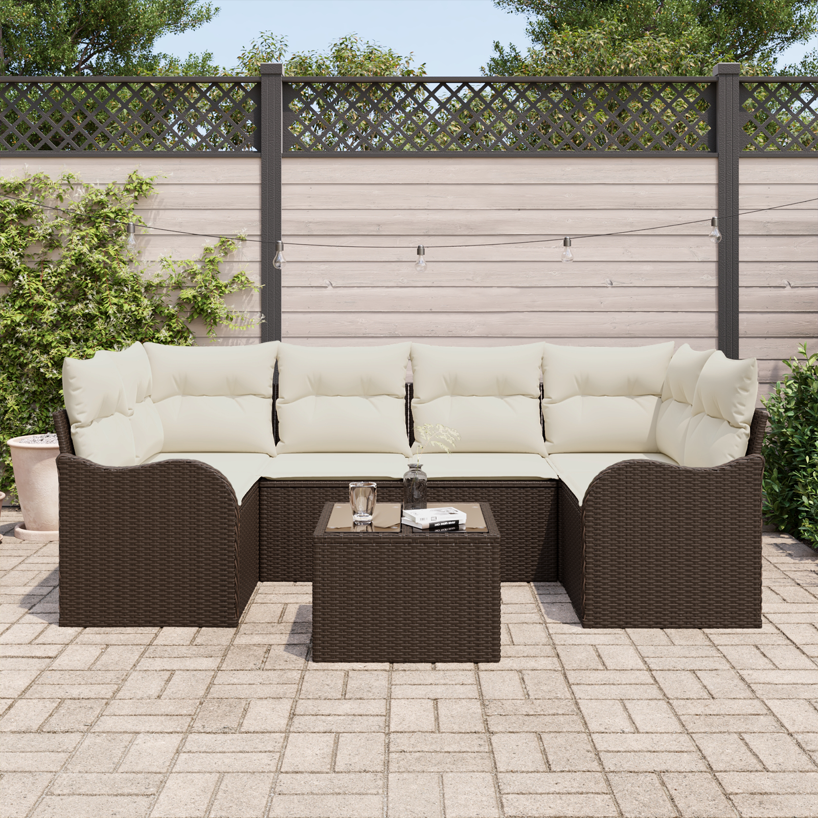 vidaXL 7-delige Tuinbankenset met kussens poly rattan bruin