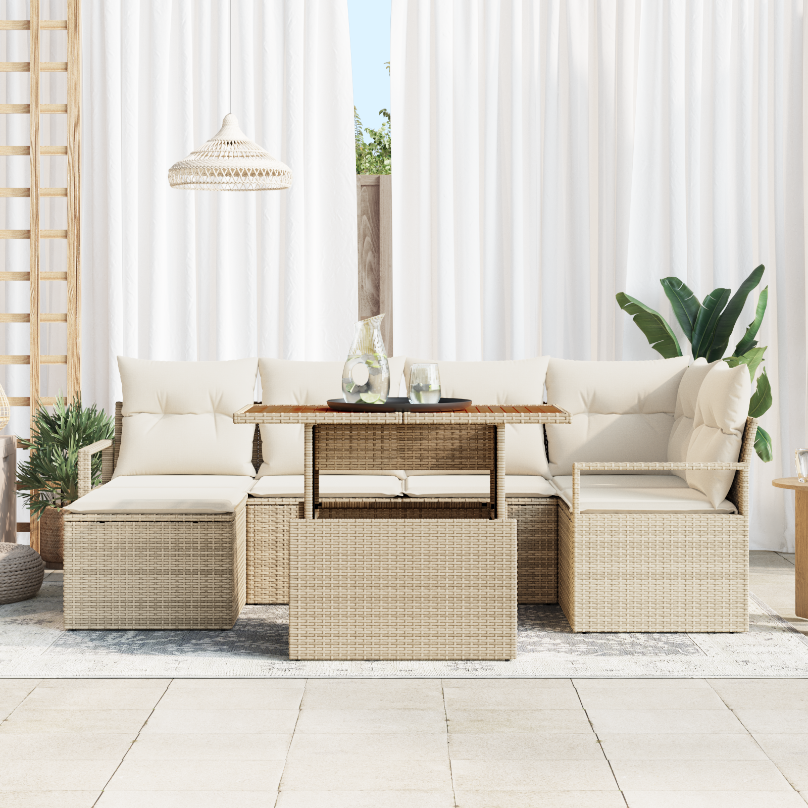 vidaXL 7-delige tuinsofa set met kussens in beige poly riet en acacia