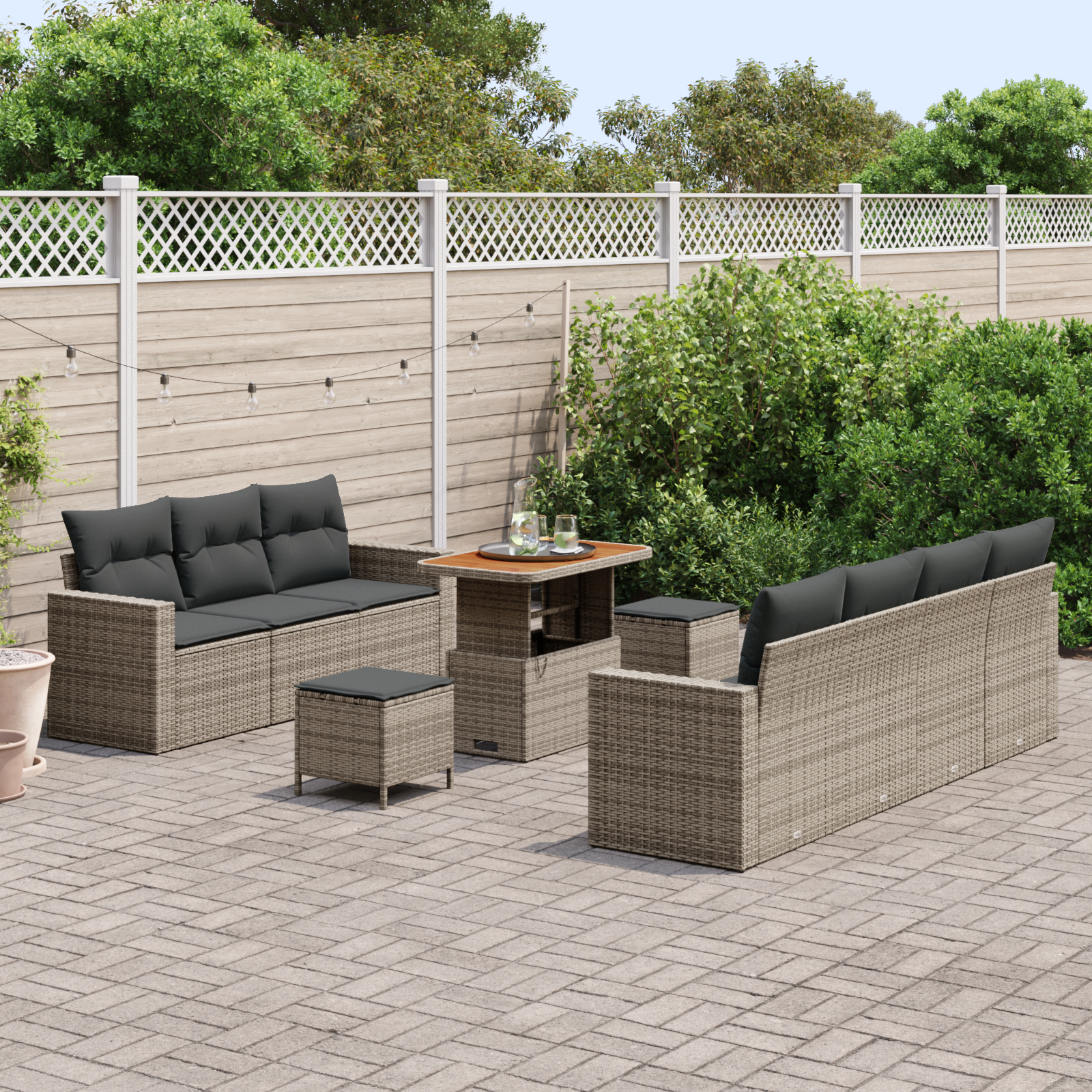 vidaXL 10-delige Tuinbankenset met kussens poly rattan acacia grijs