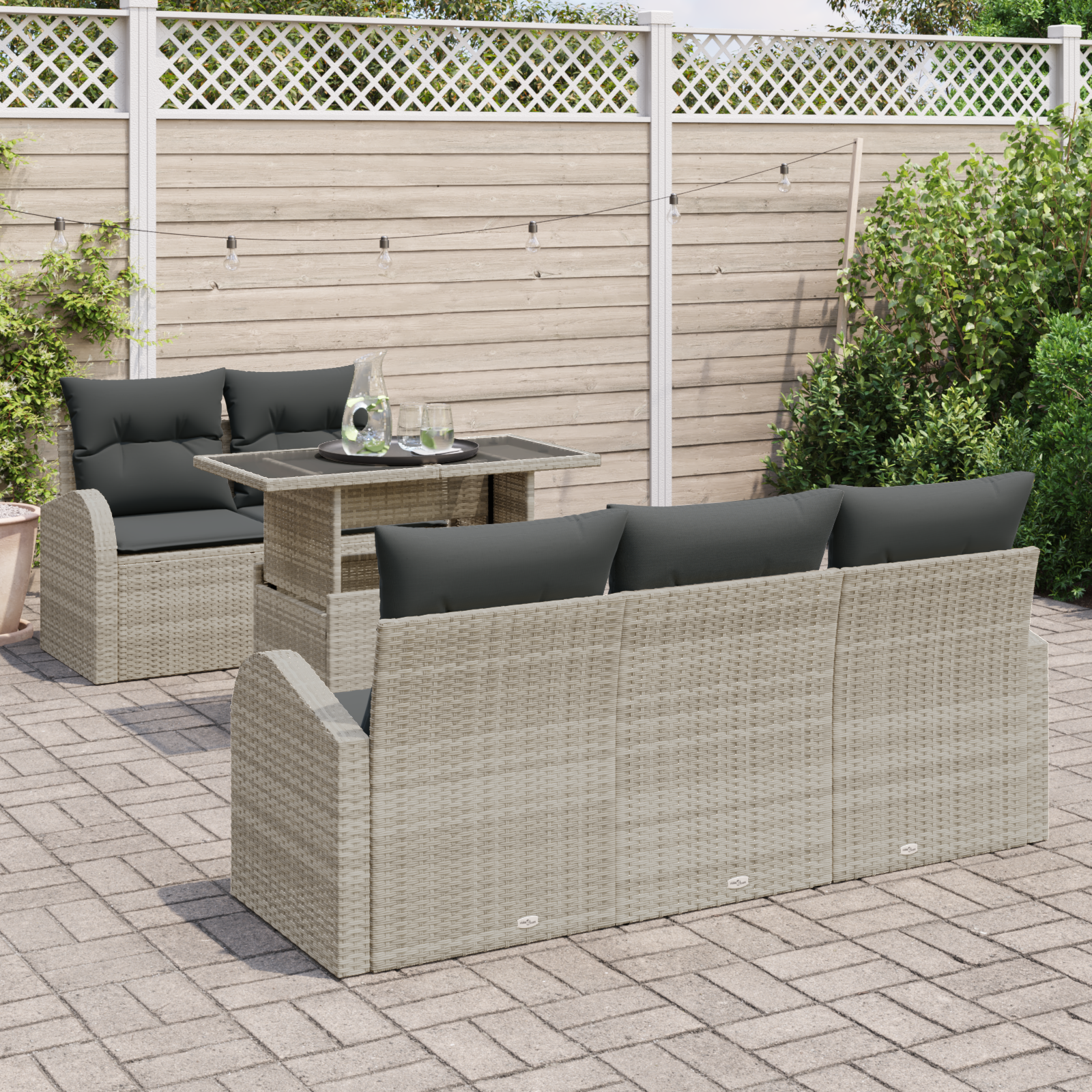 vidaXL 6-delige Tuinbankenset met kussens poly rattan lichtgrijs