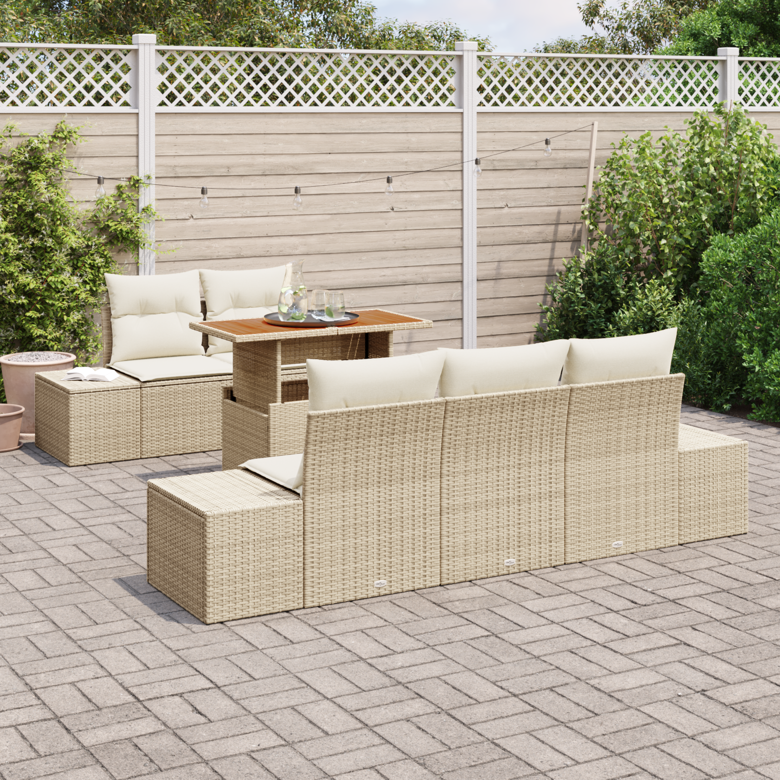 vidaXL 6-delige Tuinset met kussens poly rattan acaciahout beige