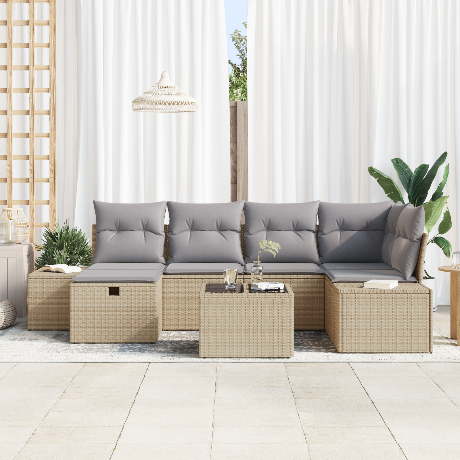 vidaXL 7-delige Tuinbankenset met kussens poly rattan beige