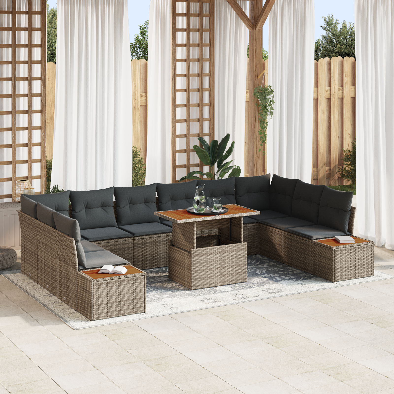vidaXL 11-delige tuinset met kussens grijs poly rattan