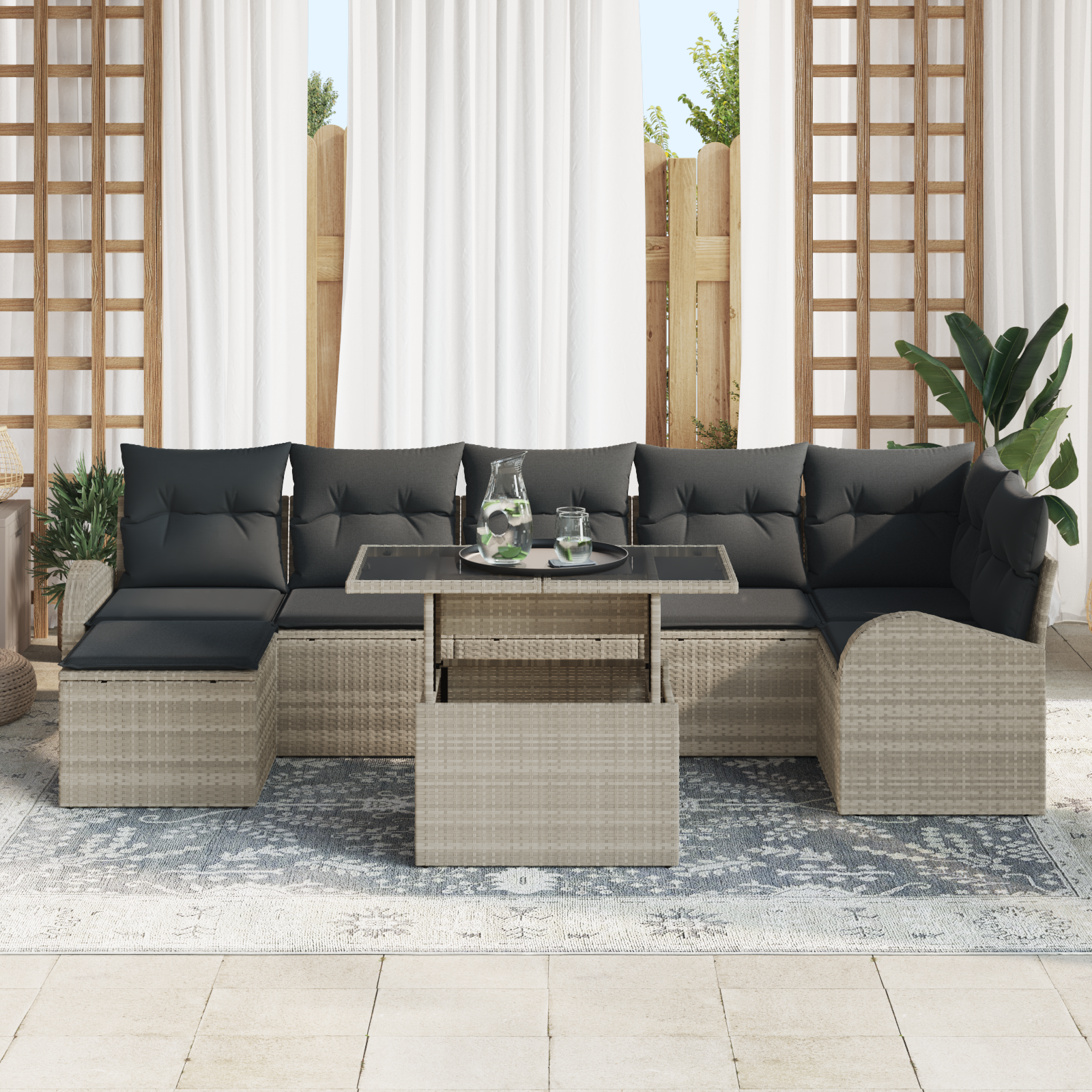 vidaXL 8-delige Tuinsofa Set met Kussens Lichtgrijs van Poly Riet
