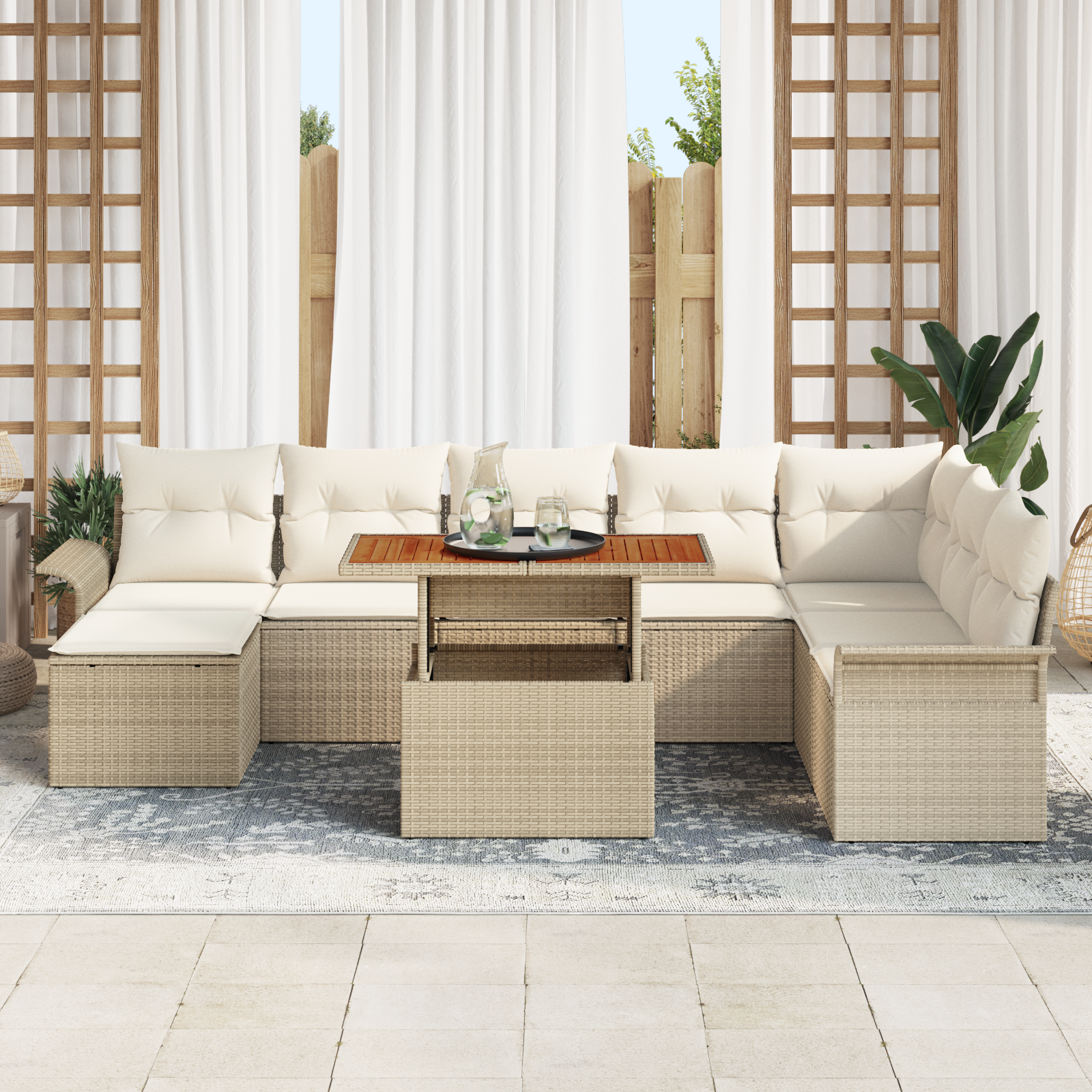 vidaXL 9-delige tuinset met kussens - beige poly rattan en acacia