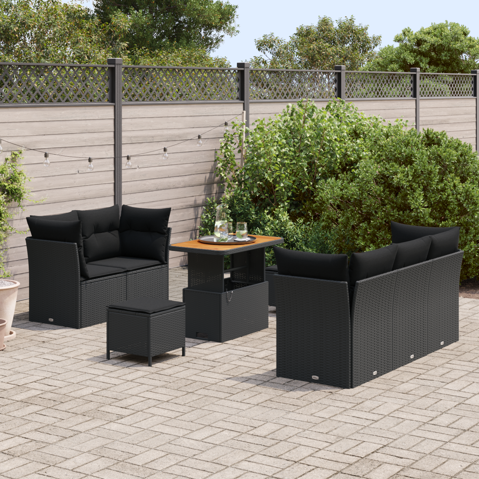 vidaXL 8-delige Tuinbankset met Kussens Zwart Poly Rattan Acacia