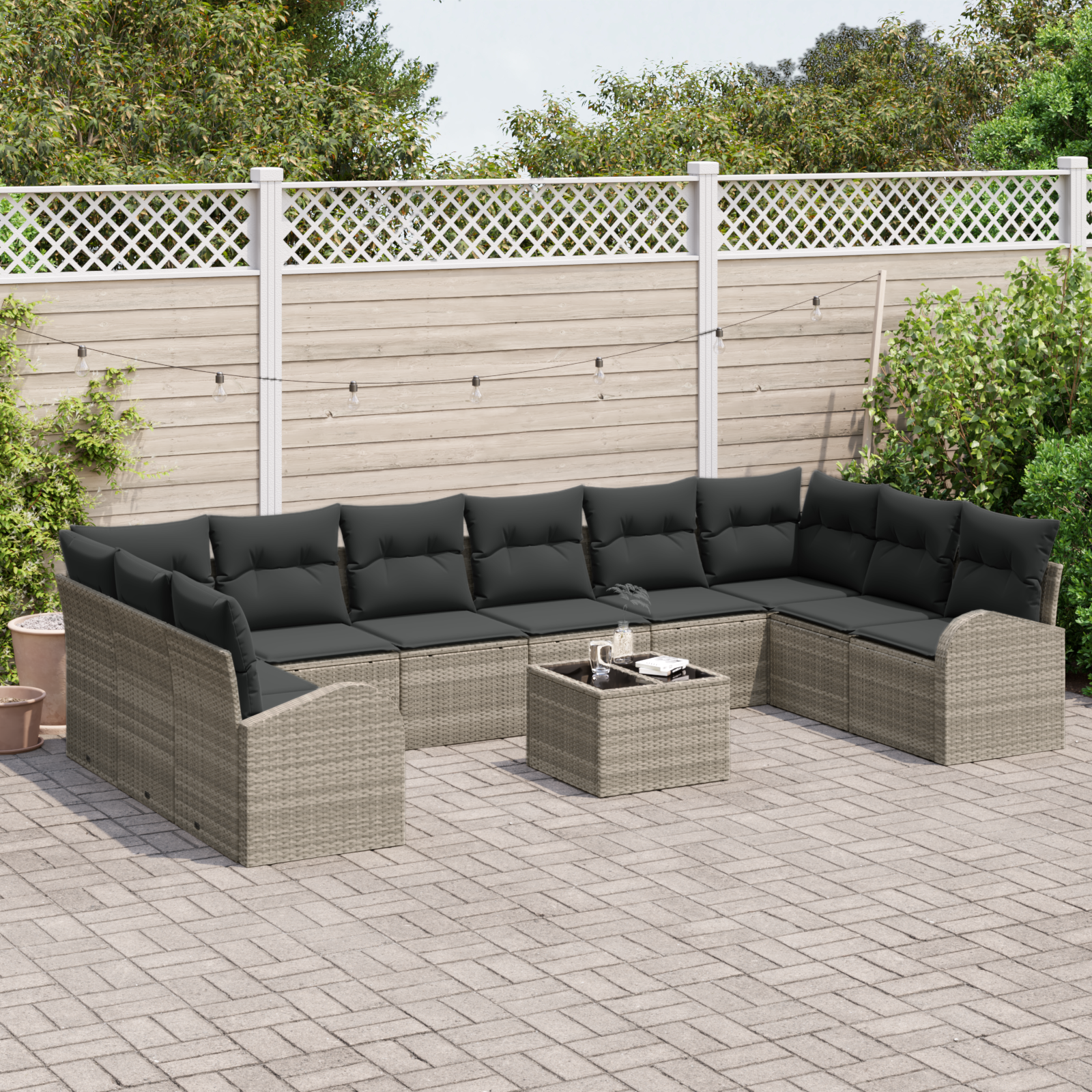 vidaXL 11-delige Tuinbanken Set met Kussens in Grijs Poly Rieten