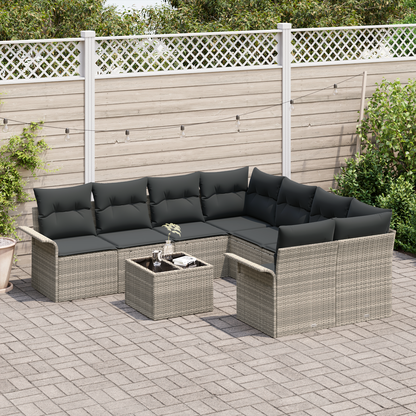 vidaXL 9-delige Tuinbankenset met kussens poly rattan lichtgrijs