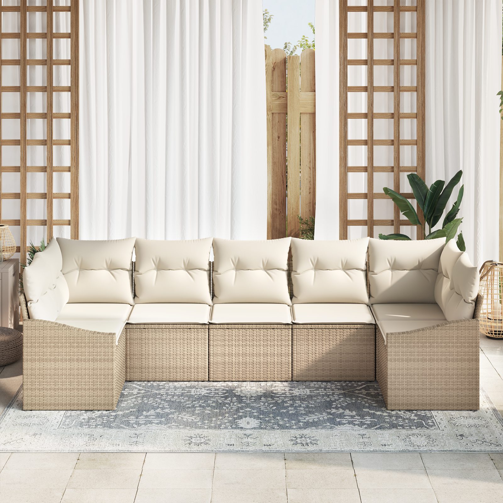 vidaXL 7-delige Tuinbankenset met kussens poly rattan beige