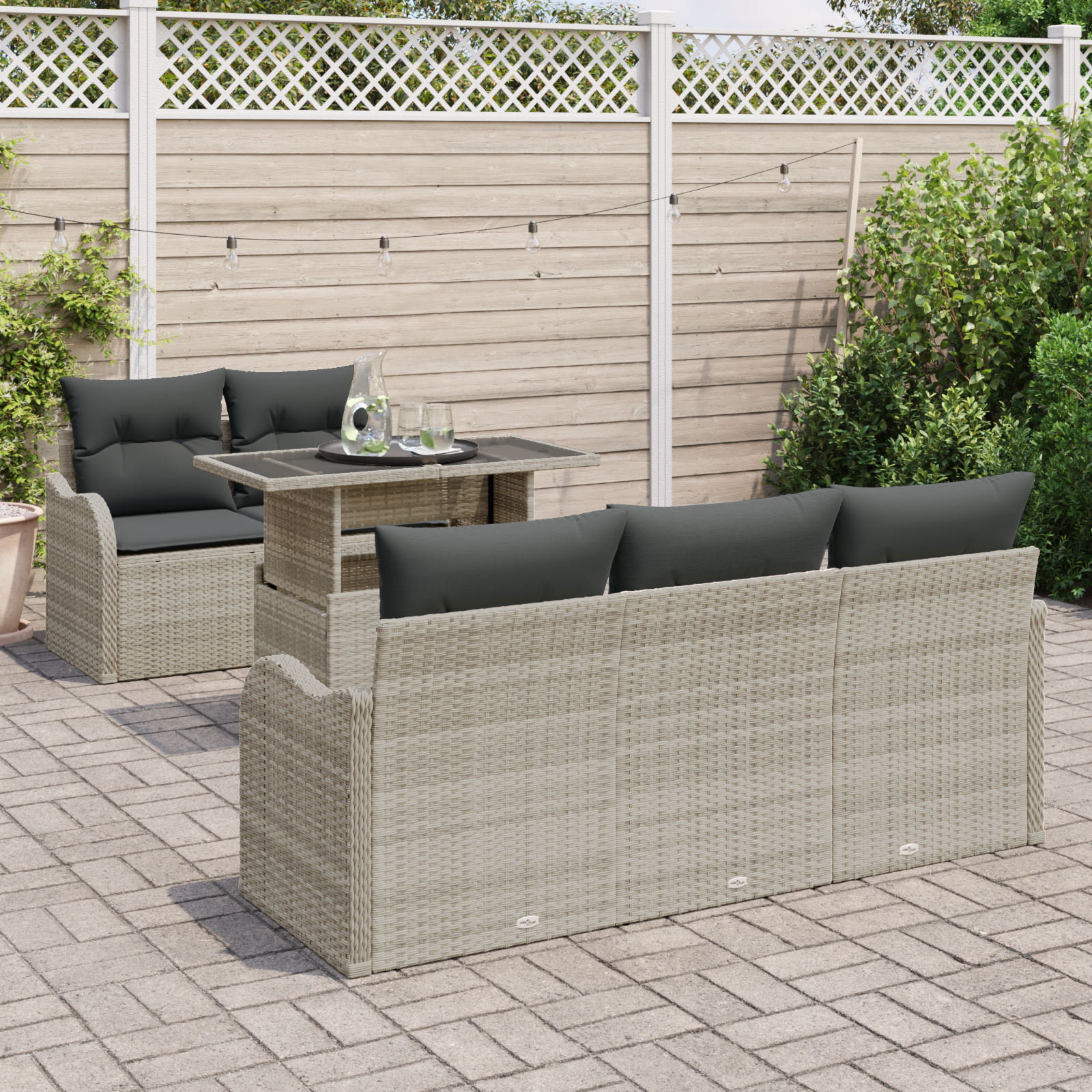 vidaXL 6-delige Tuinbankenset met kussens poly rattan lichtgrijs