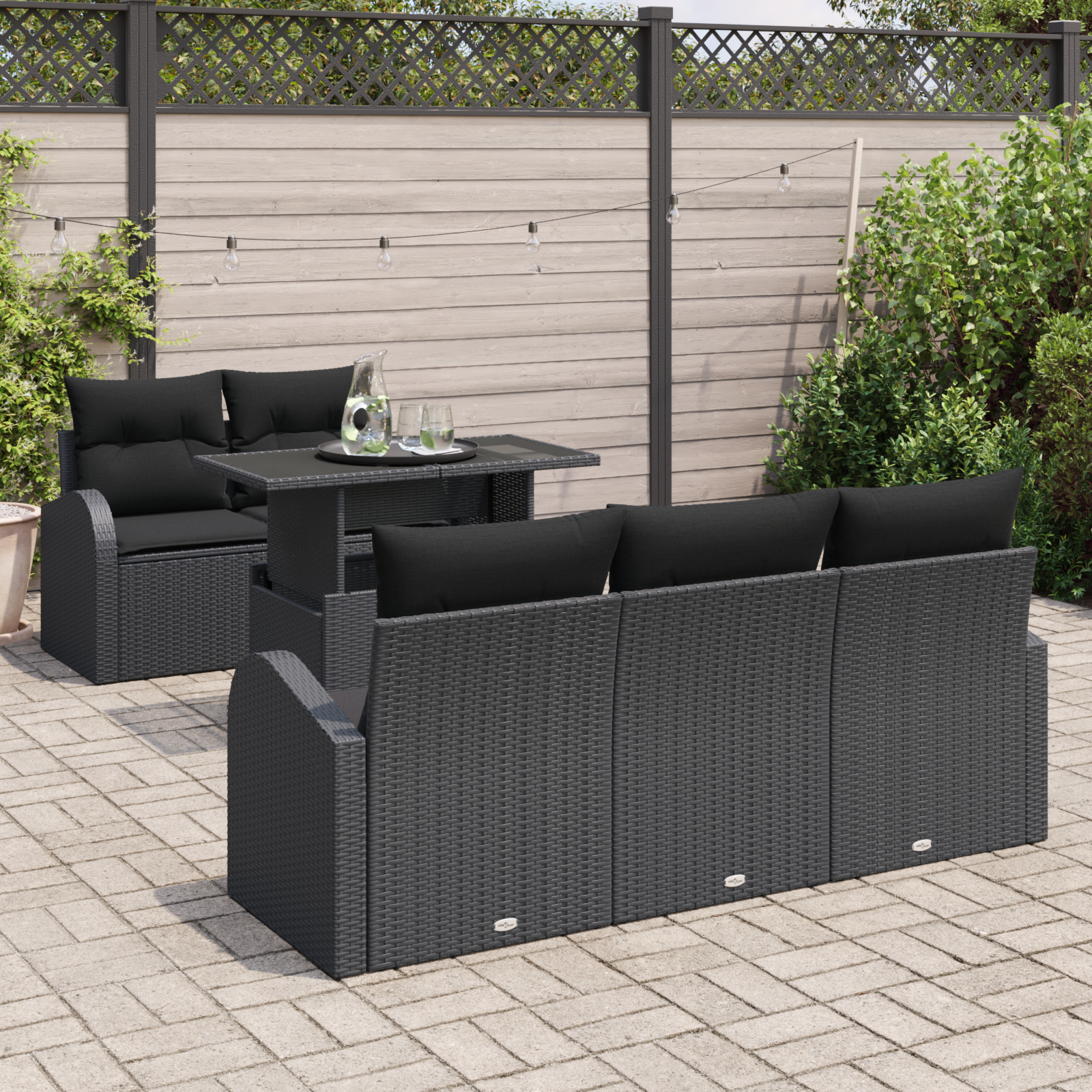 vidaXL 6-delige Tuinbankenset met kussens poly rattan zwart