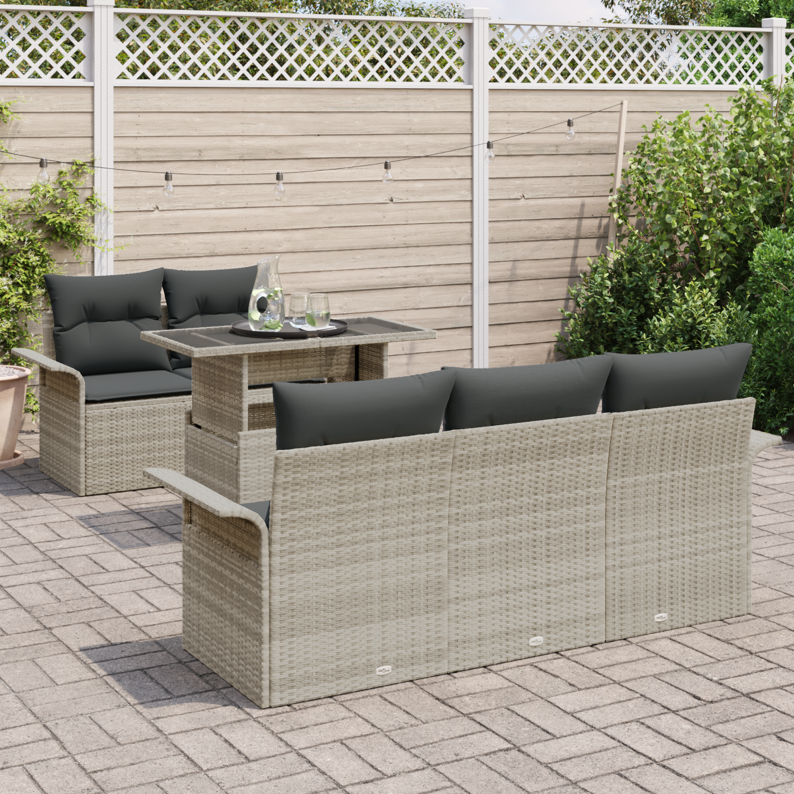 vidaXL 6-delige Tuinbankenset met kussens poly rattan lichtgrijs