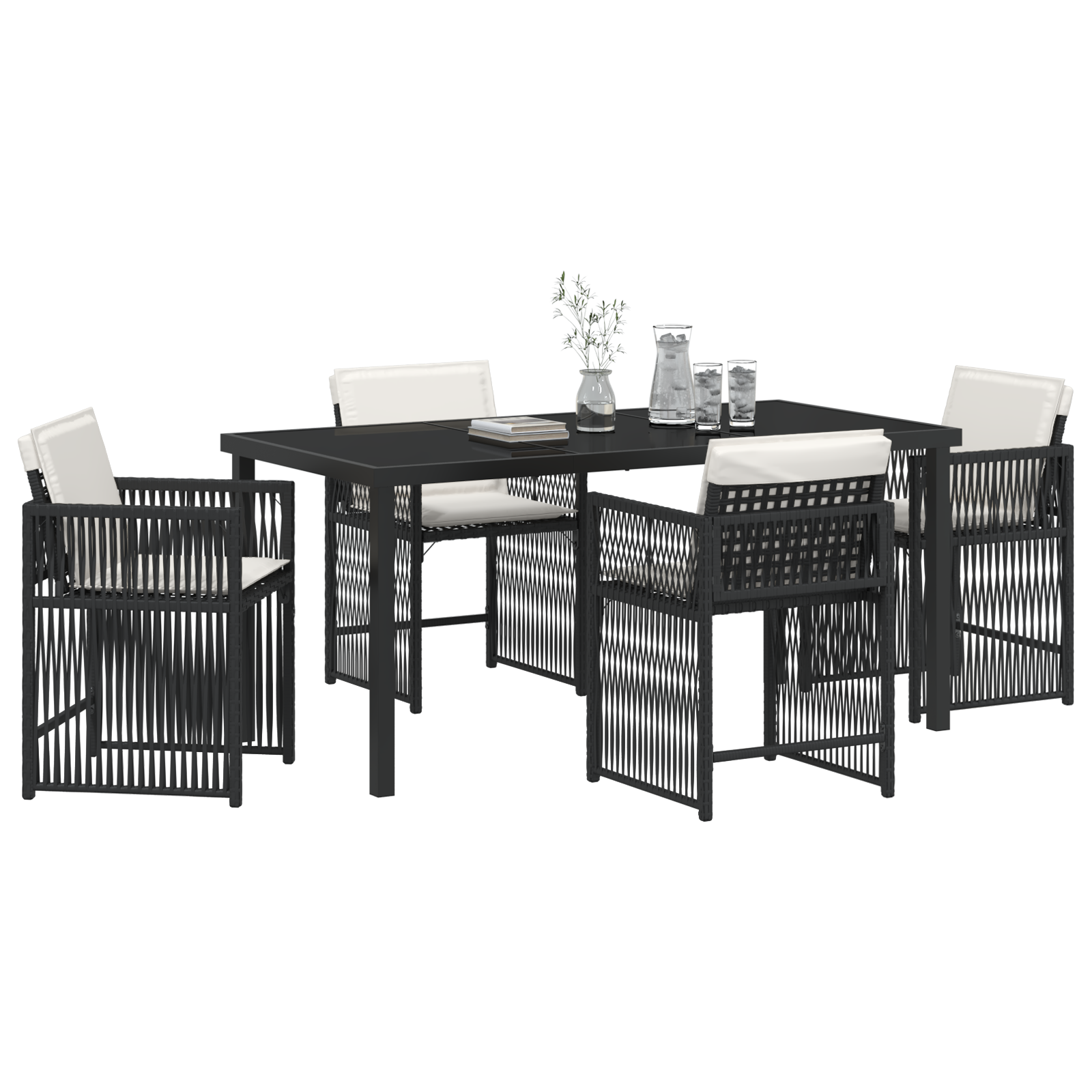 vidaXL 5-delige Tuin Eettafelset met Kussens Zwart Poly Rattan