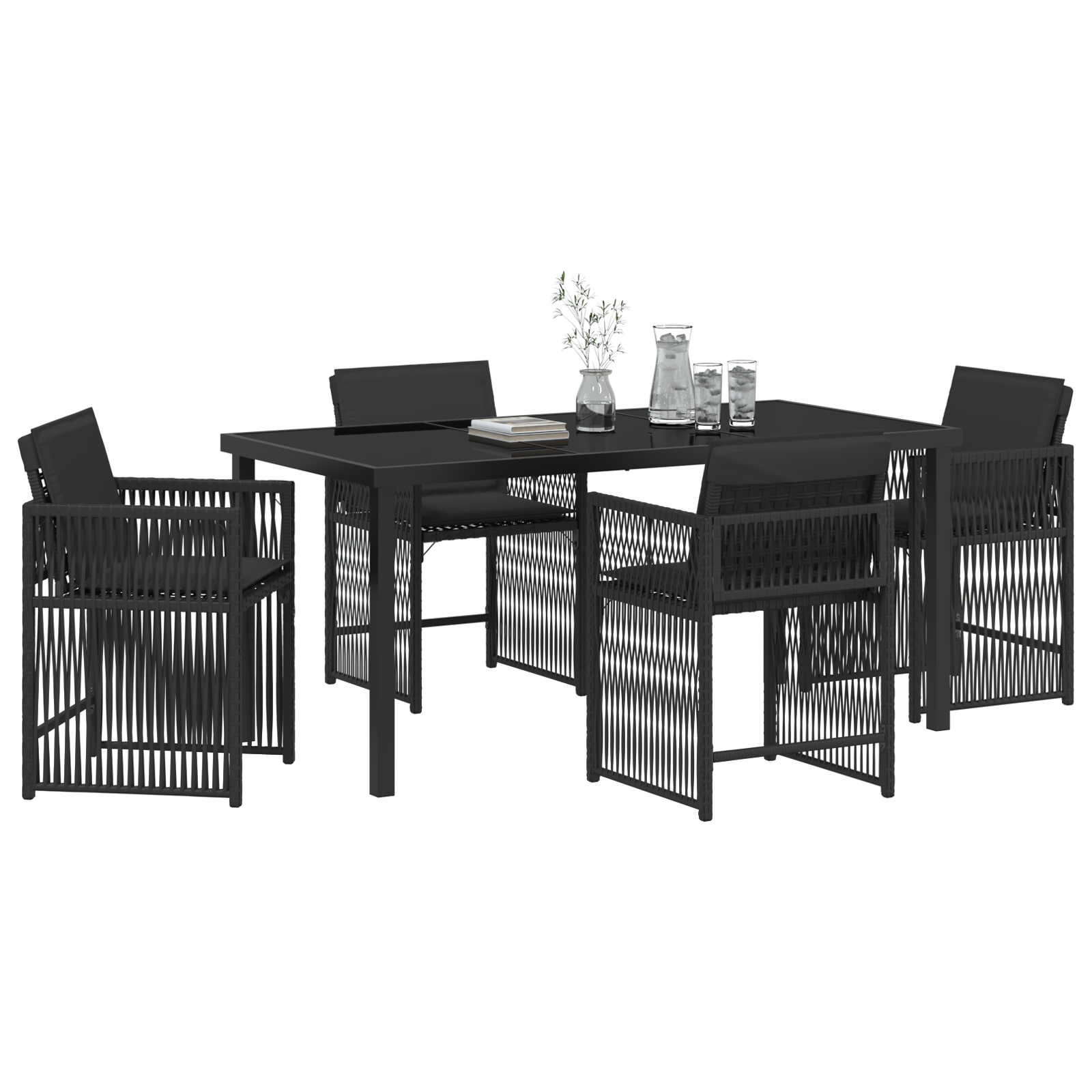 vidaXL 5-delige tuin eettafelset met kussens zwart poly rattan