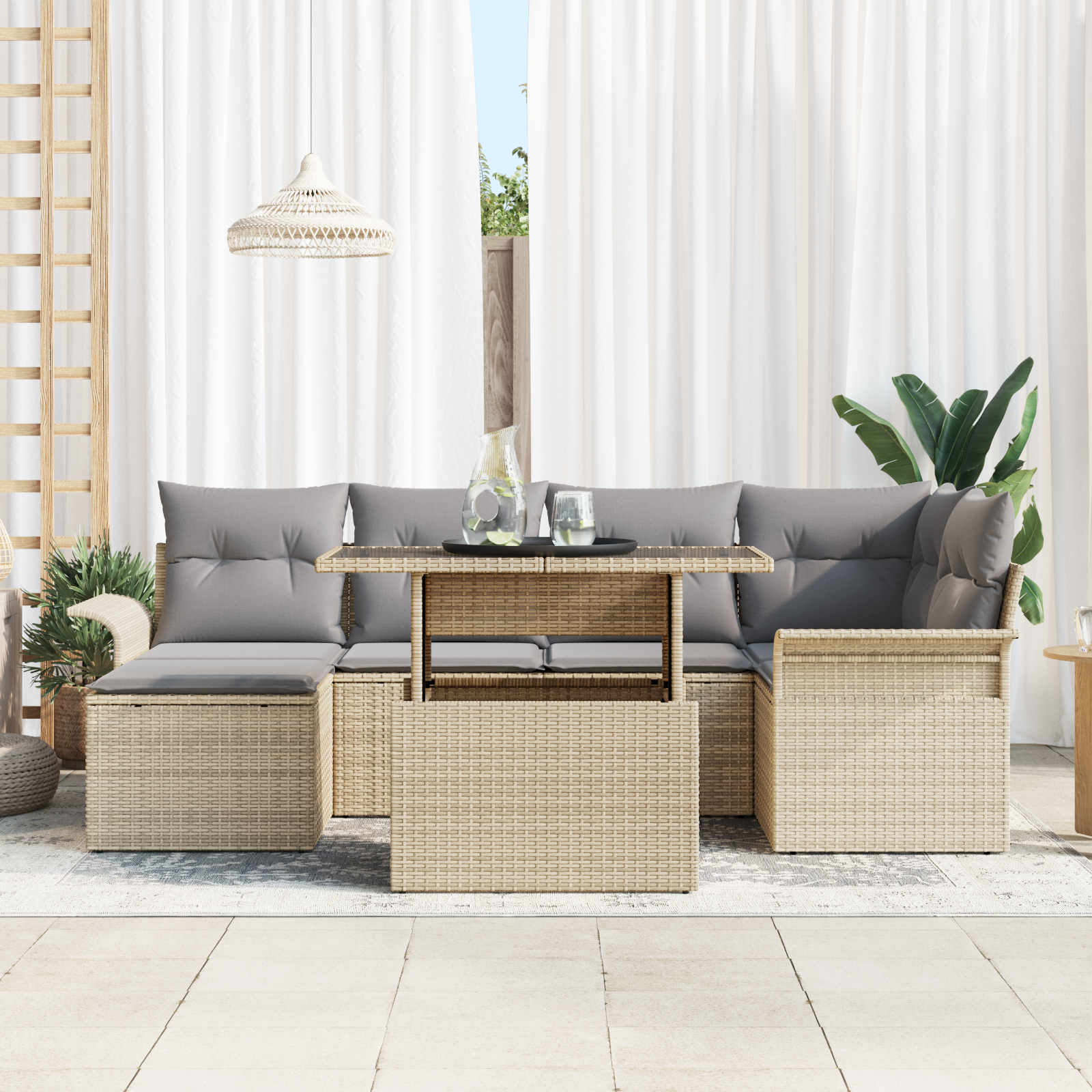 vidaXL 7-delige Tuinbankset met Kussens in Beige Poly Rattan