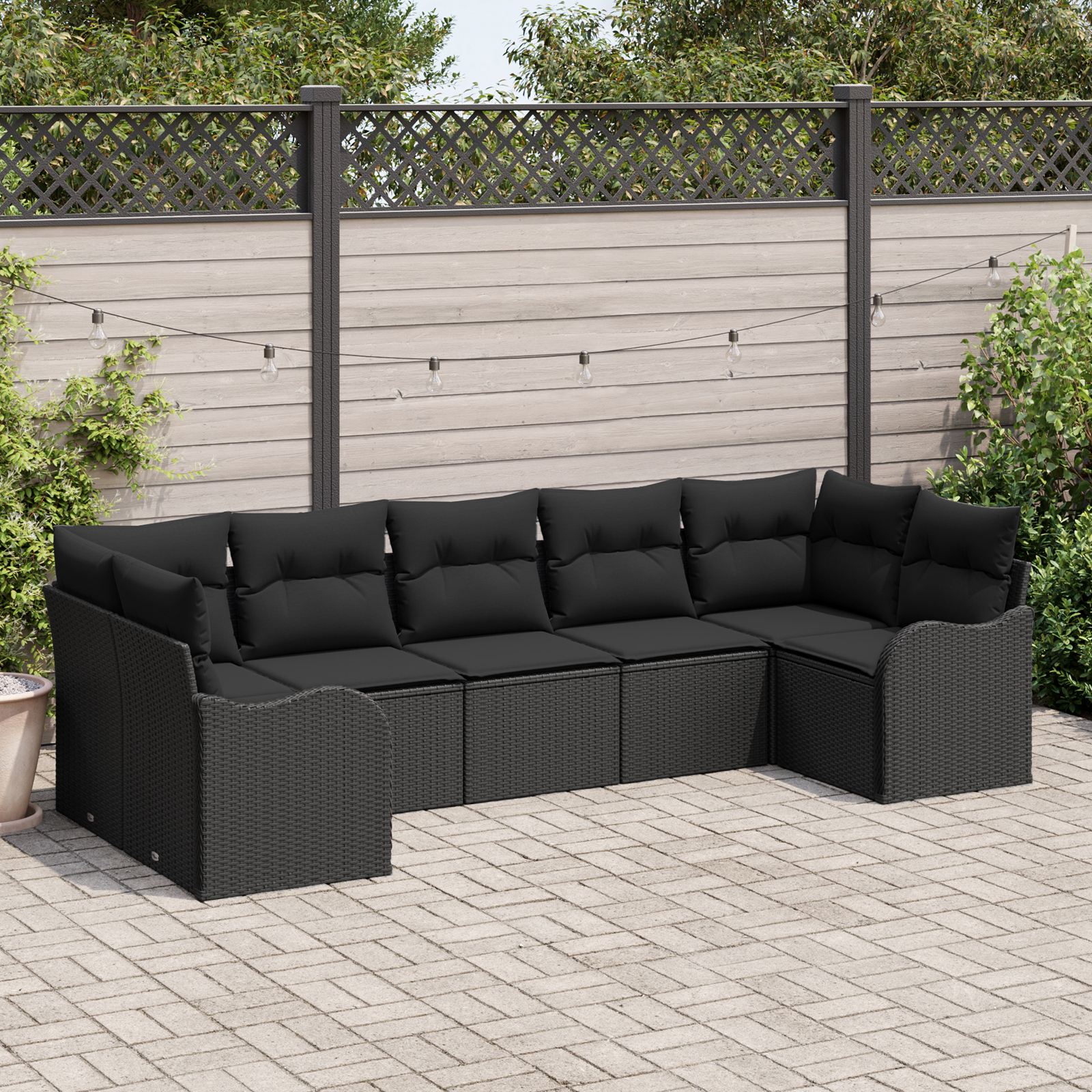 vidaXL 7-delige Tuinbankenset met kussens poly rattan zwart
