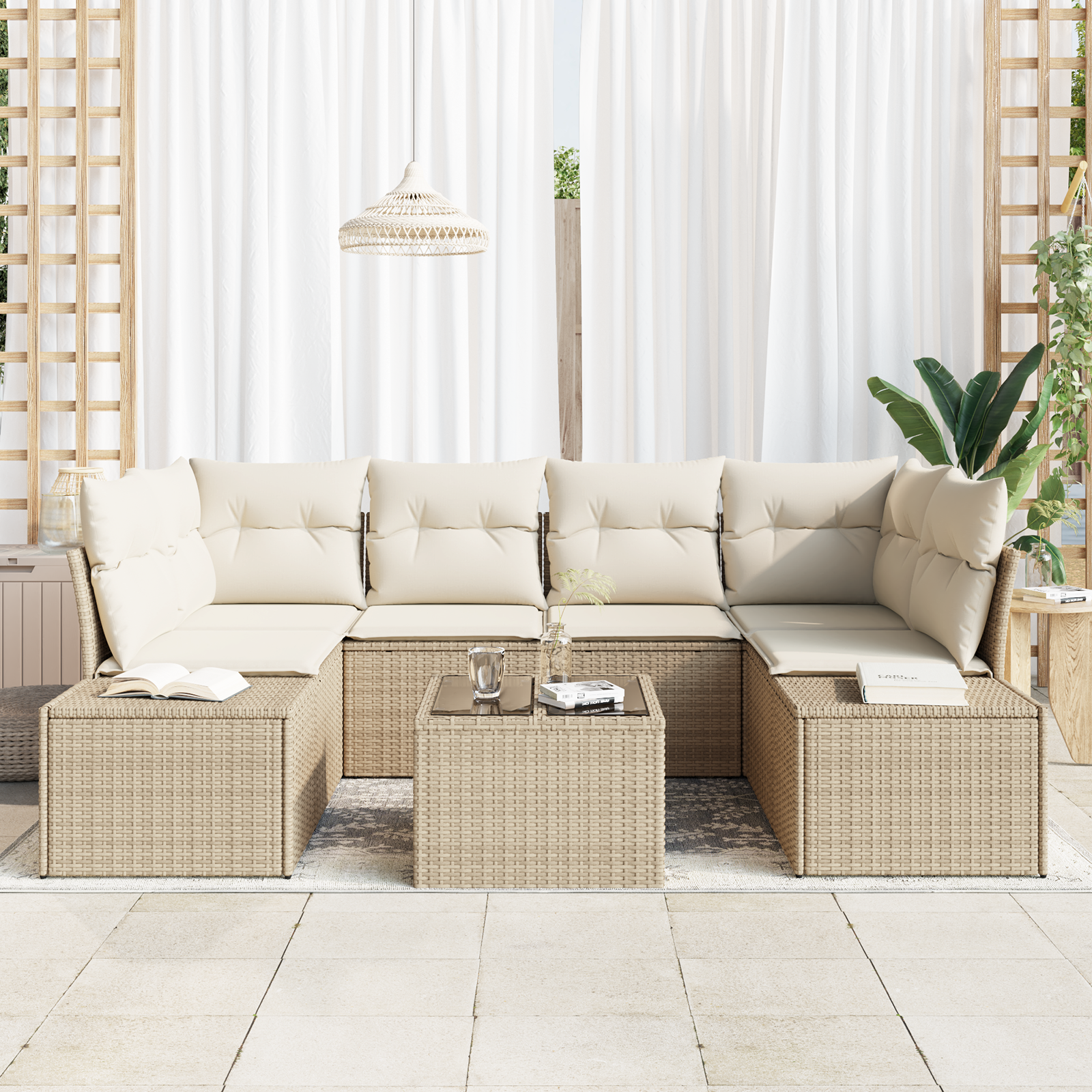 vidaXL 7-delige tuinbank set met kussens in beige poly rattan