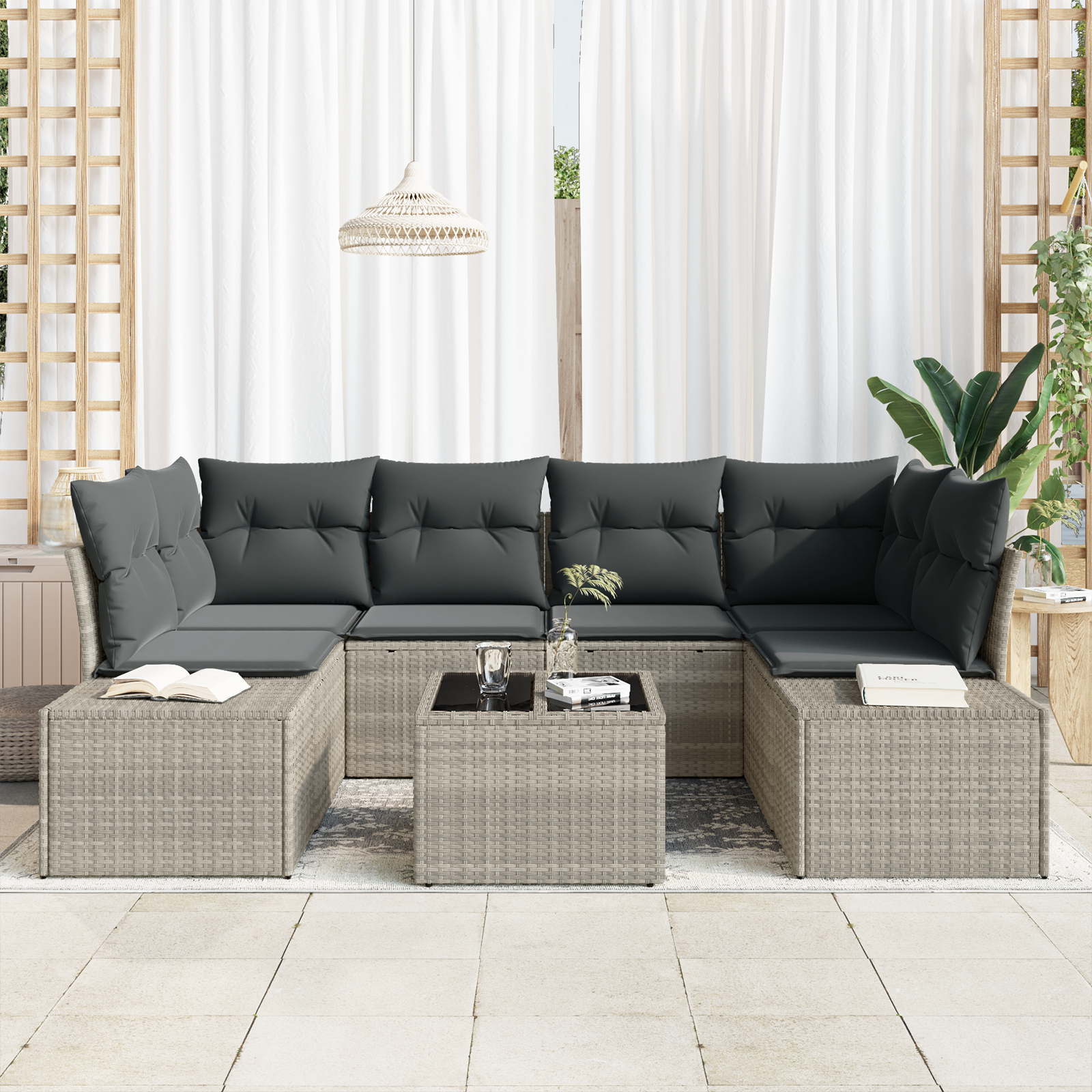 vidaXL 7-delige tuinbankset met kussens in lichtgrijs poly rattan