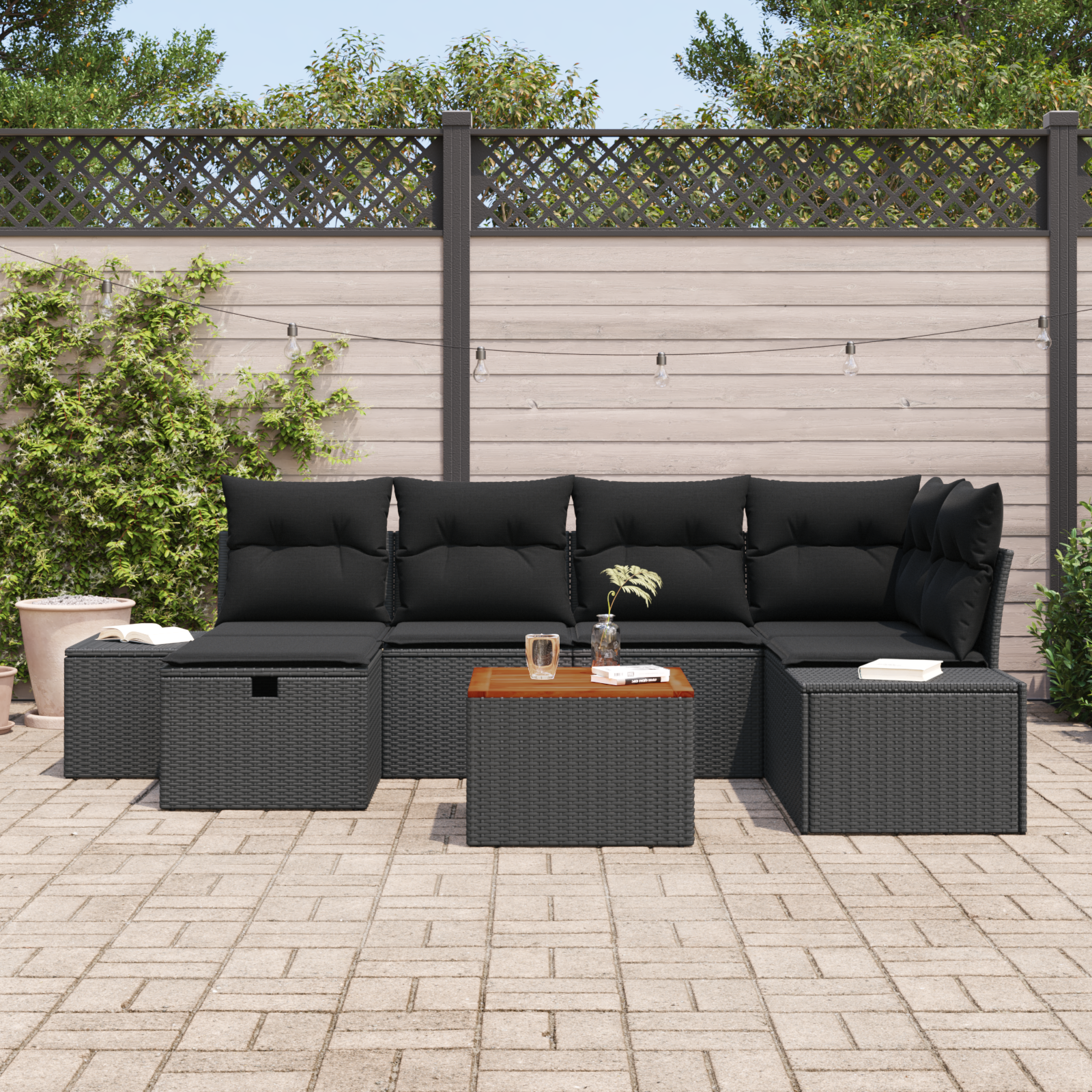 vidaXL 7-delige Tuinbankenset met kussens poly rattan zwart