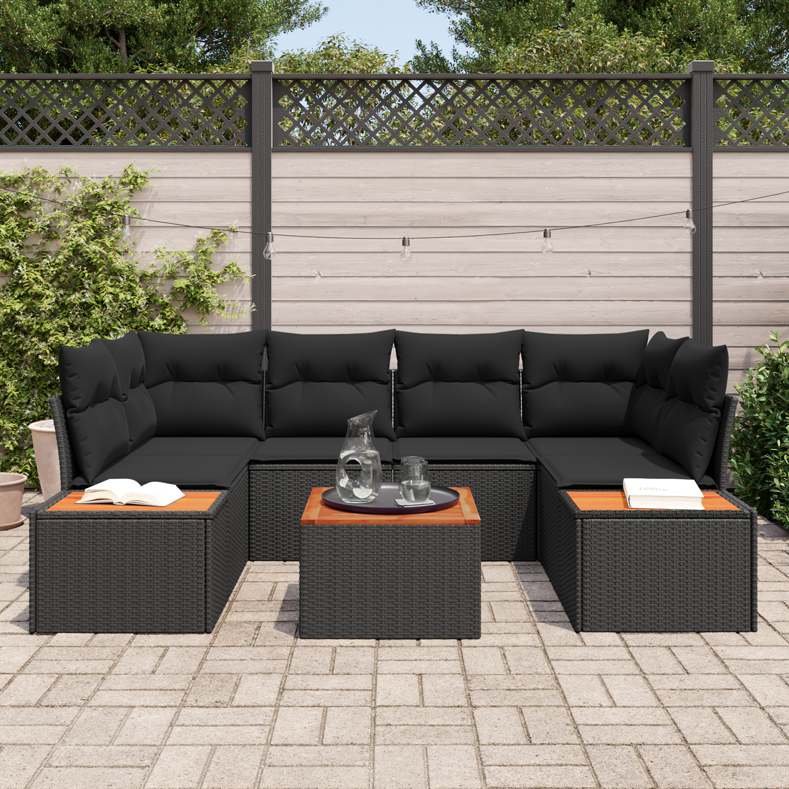 vidaXL 7-delige tuinsofa set met kussens zwart poly rattan acacia