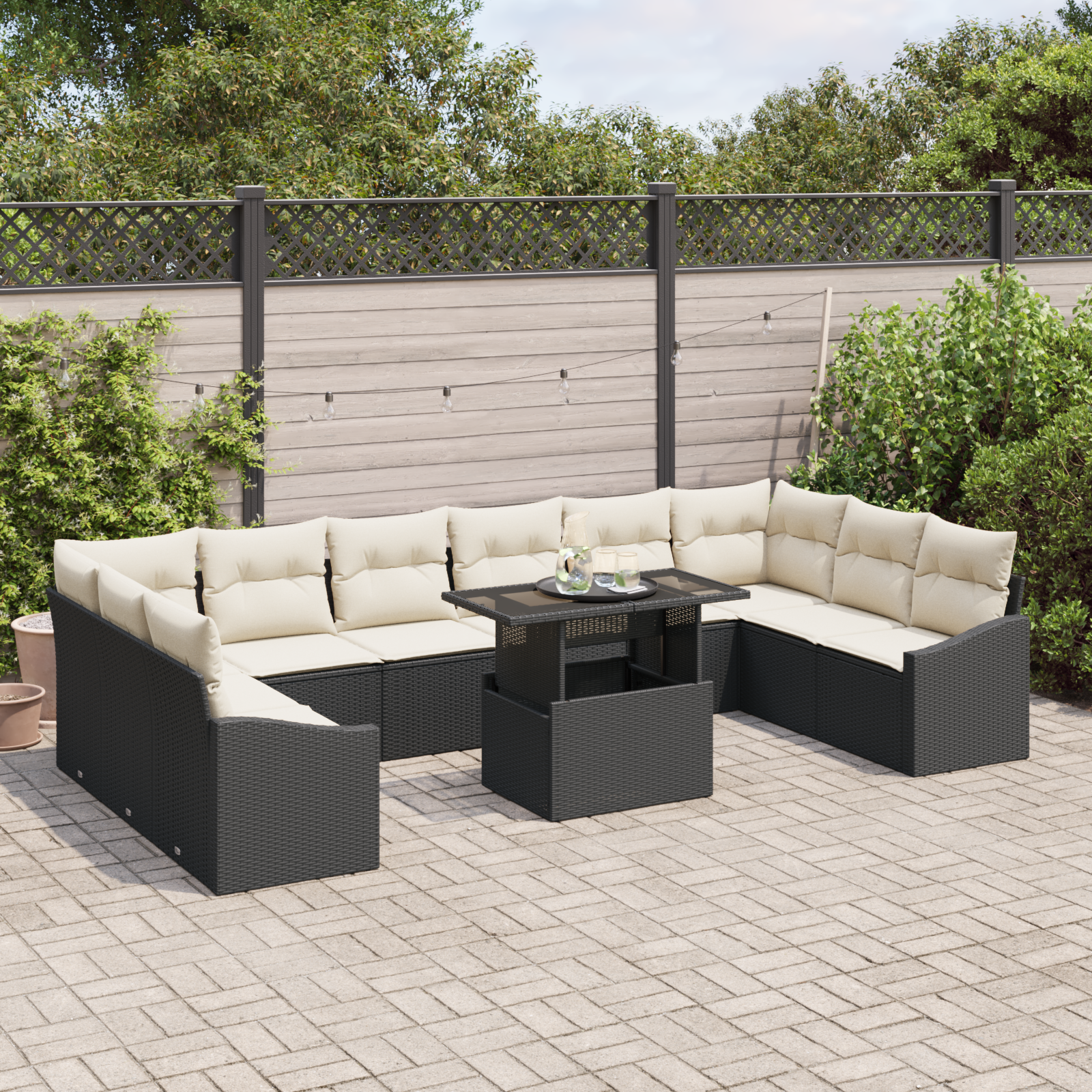 vidaXL 11-delige Tuinbankenset met kussens poly rattan zwart