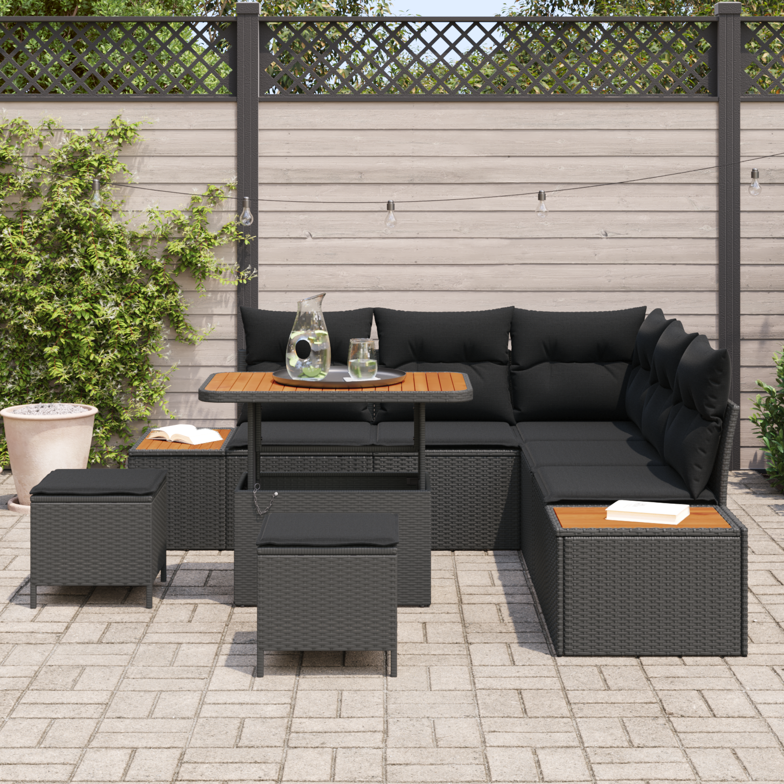 vidaXL 8-delige tuinset met kussens zwart poly rattan acacia