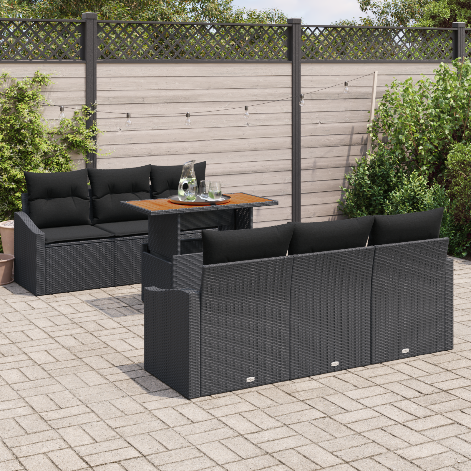 vidaXL 7-delige Tuinset met kussens poly rattan acaciahout zwart