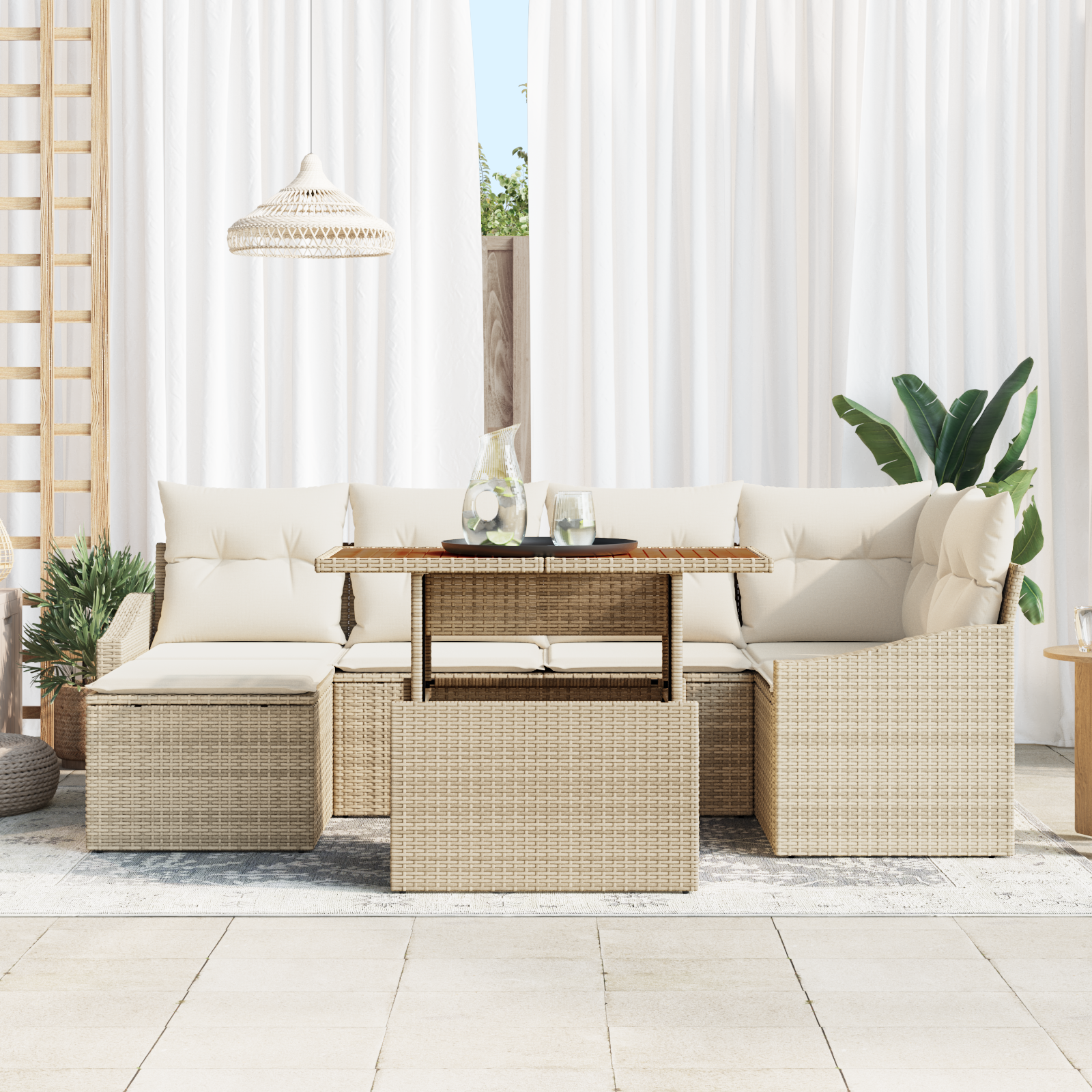 vidaXL 7-delige tuinset met kussens in beige poly rattan en acacia