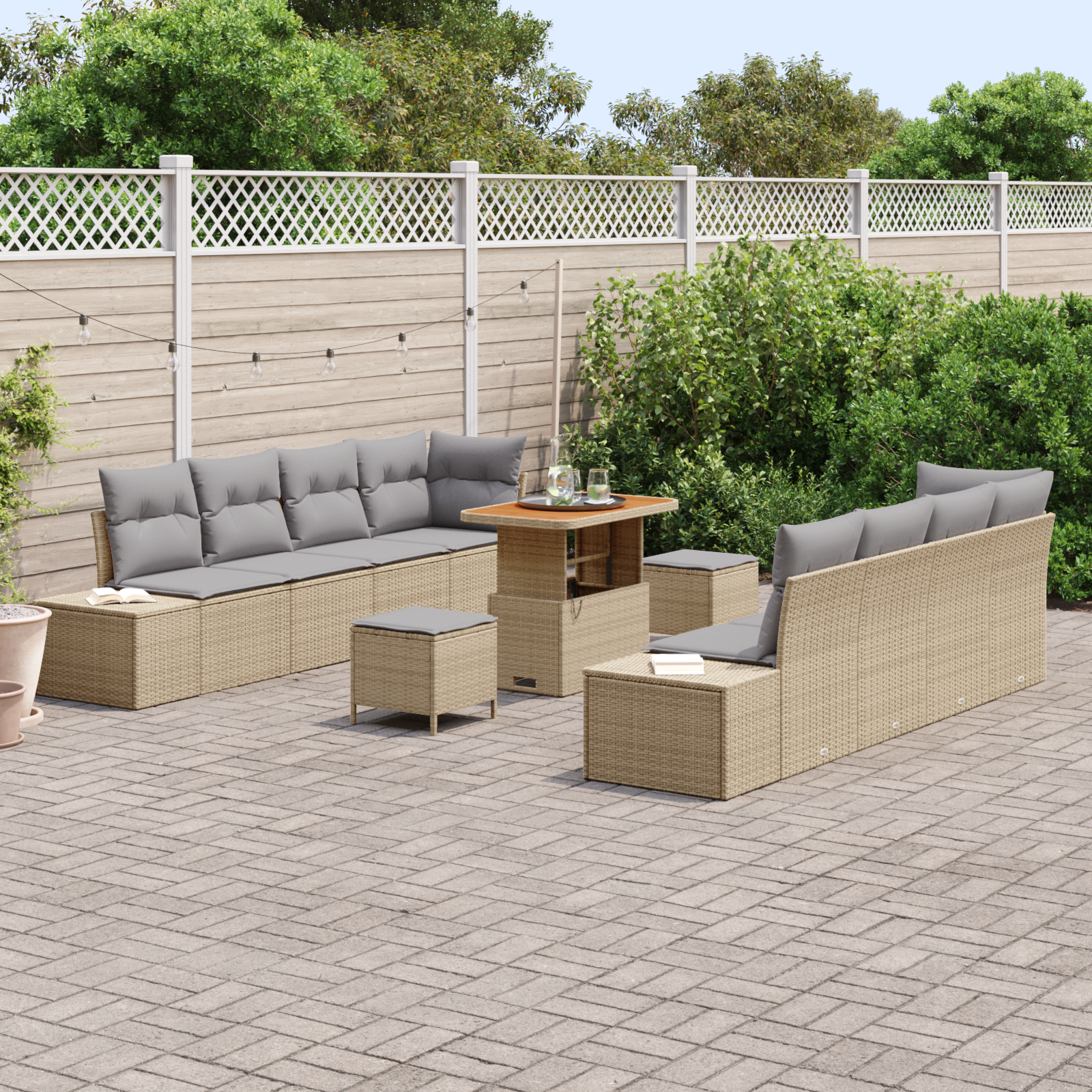 vidaXL 11-delige tuinset met kussens in beige poly rattan en acacia