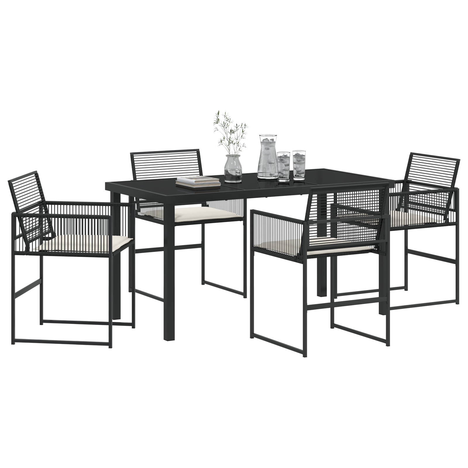 vidaXL 5-delige tuin eetset met kussens zwart poly rattan