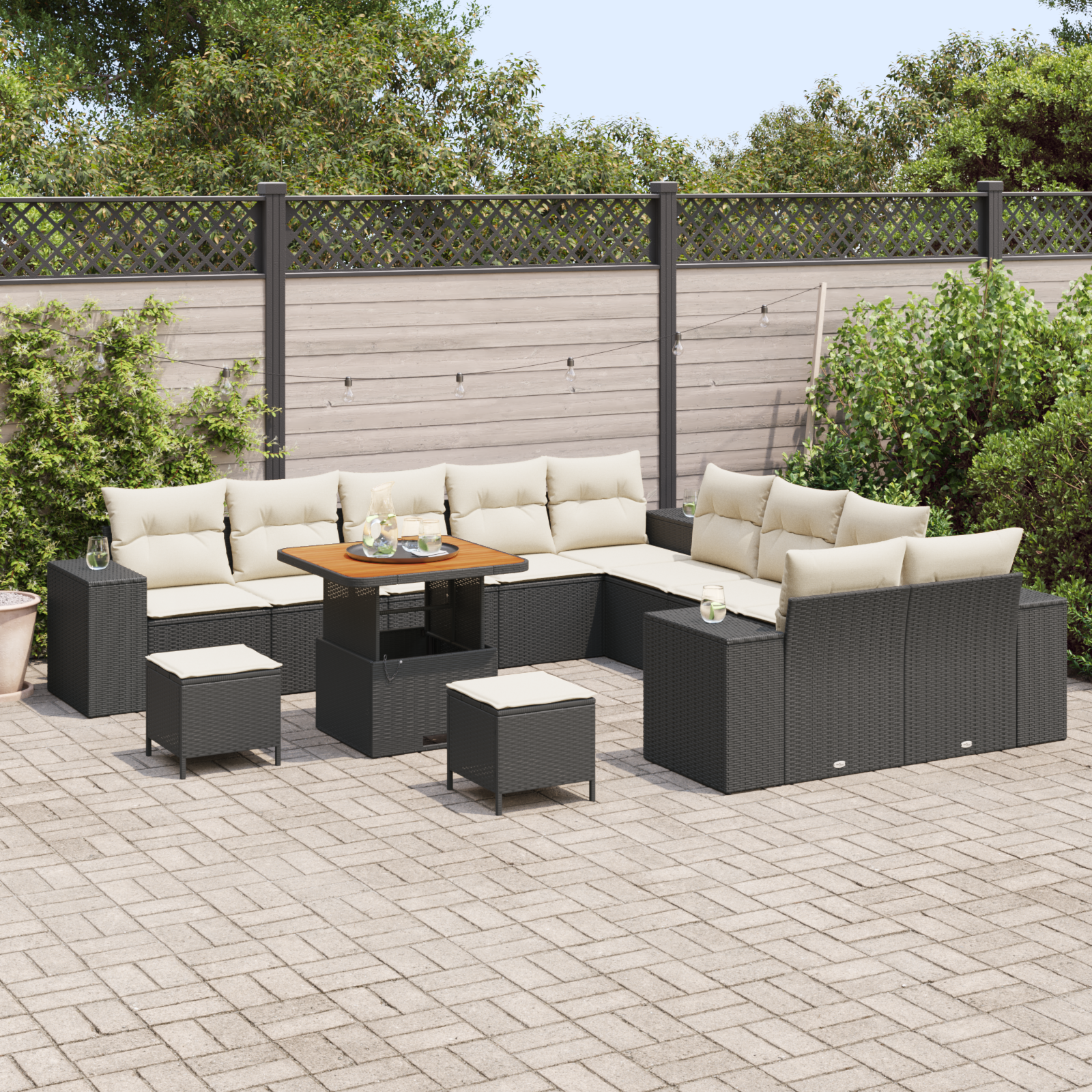 vidaXL 13-delige tuinbankset met kussens zwart poly riet acacia