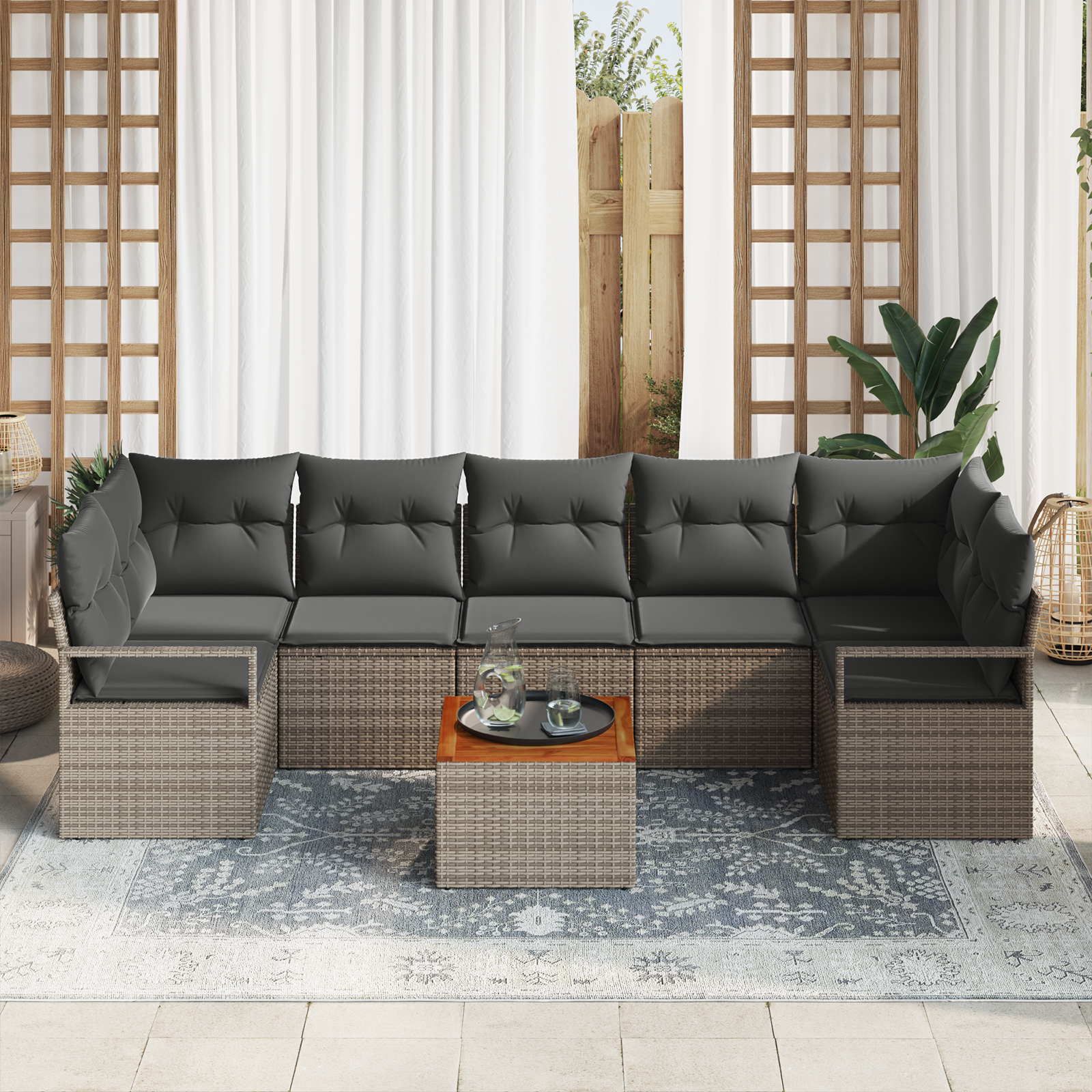 vidaXL 8-delige Tuinbankenset met kussens poly rattan acacia grijs
