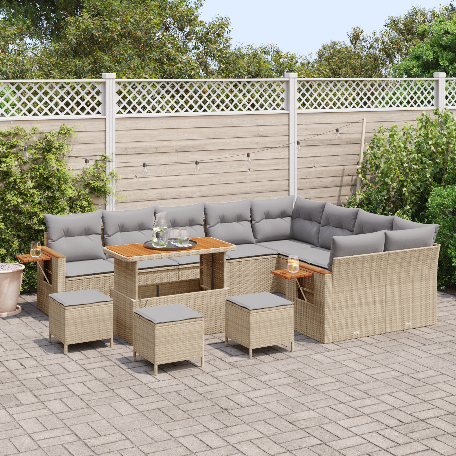 vidaXL 13-delige Tuinbankenset met kussens poly rattan acacia beige