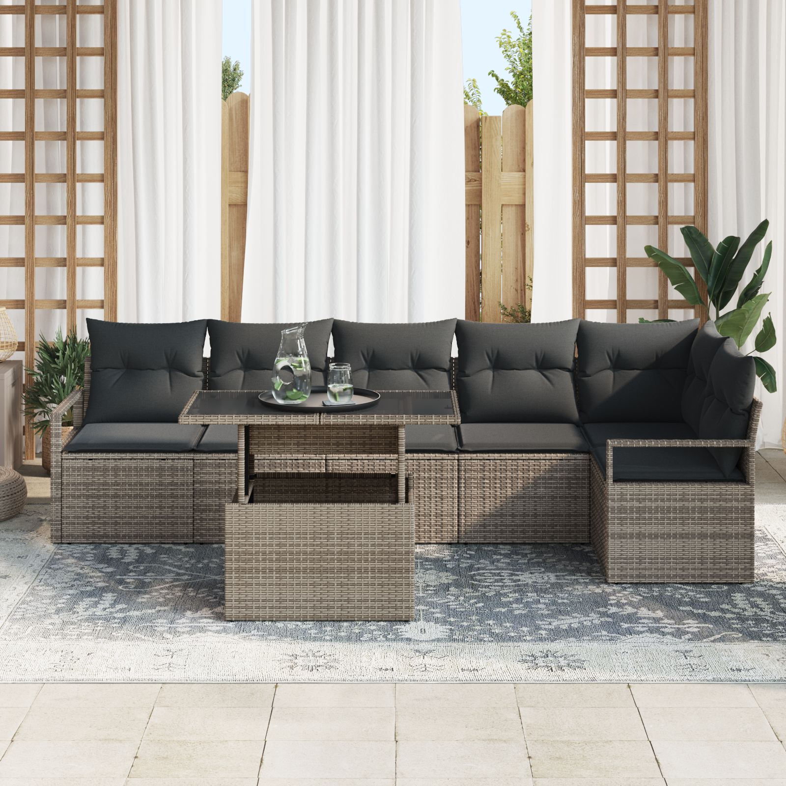 vidaXL 7-delige Tuinbankenset met kussens poly rattan grijs