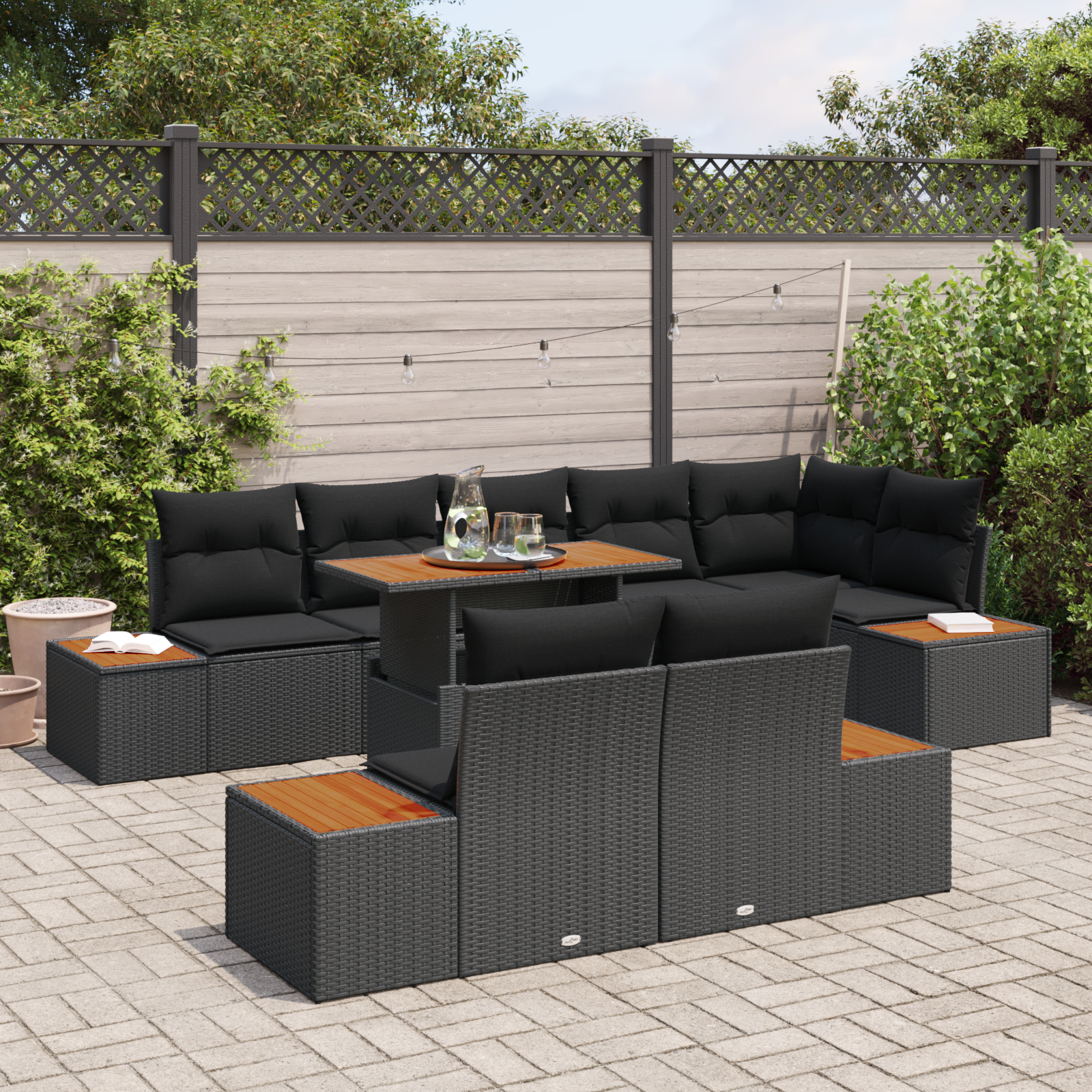 vidaXL 9-delige tuinset met kussens zwart poly rattan en acacia